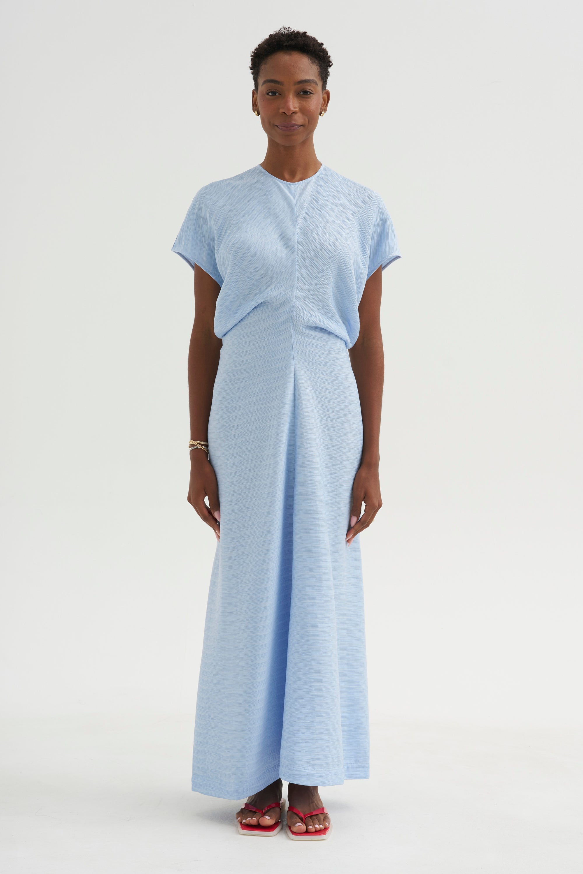 dress with pleated waist ARRANGE premium structured linen pleated waist midi dress with tie back detail in natural