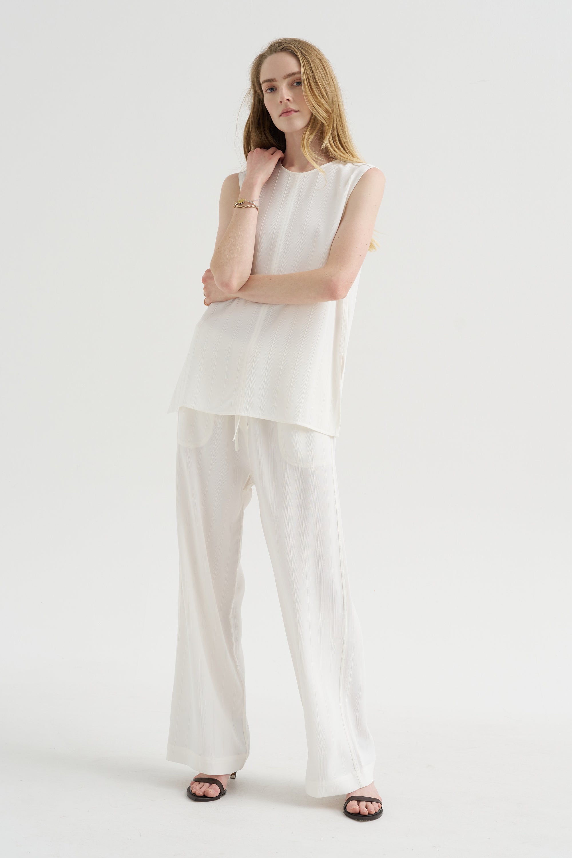 Woven Stripe Drawstring Trouser, Meringue