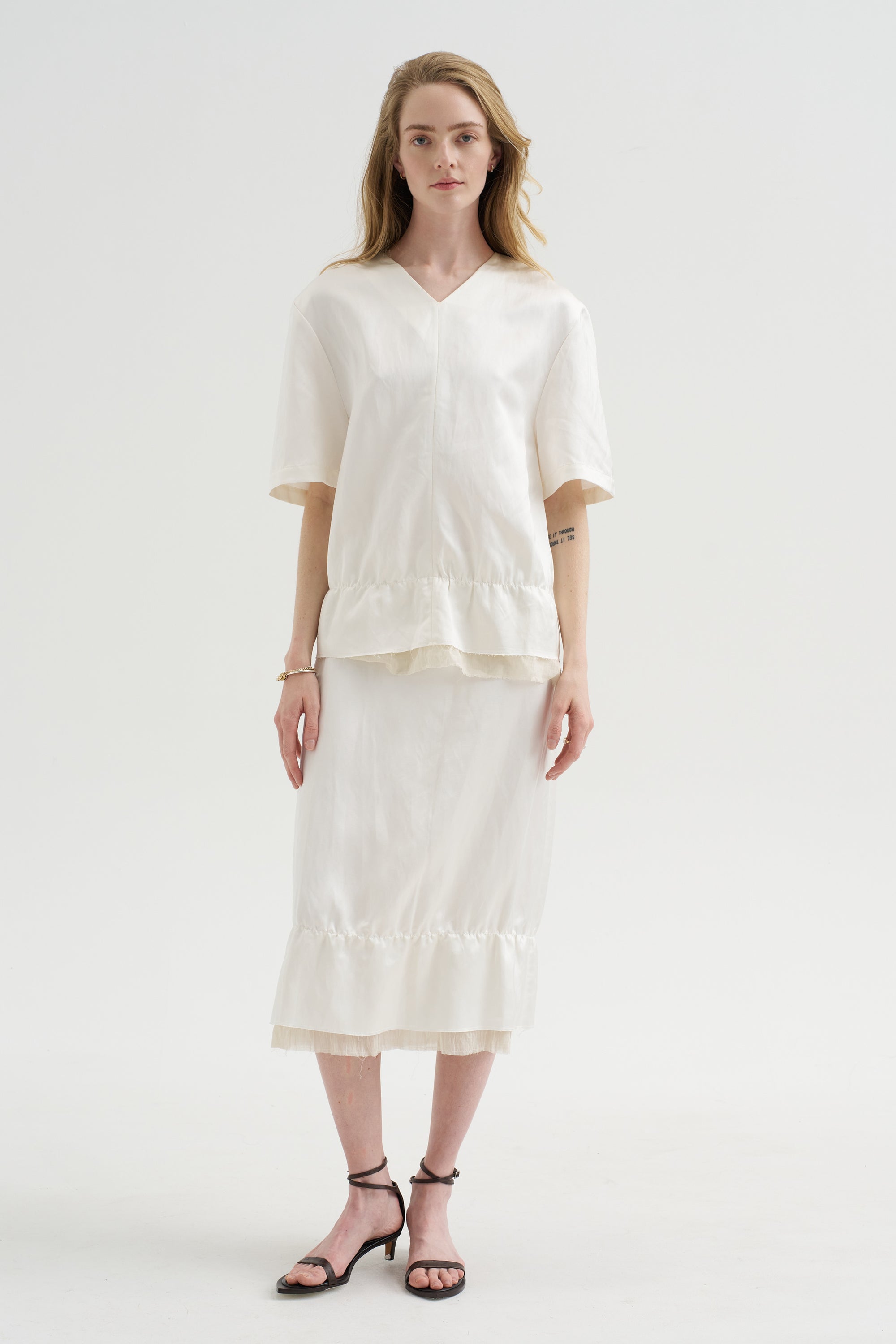 Layered Satin Skirt, White