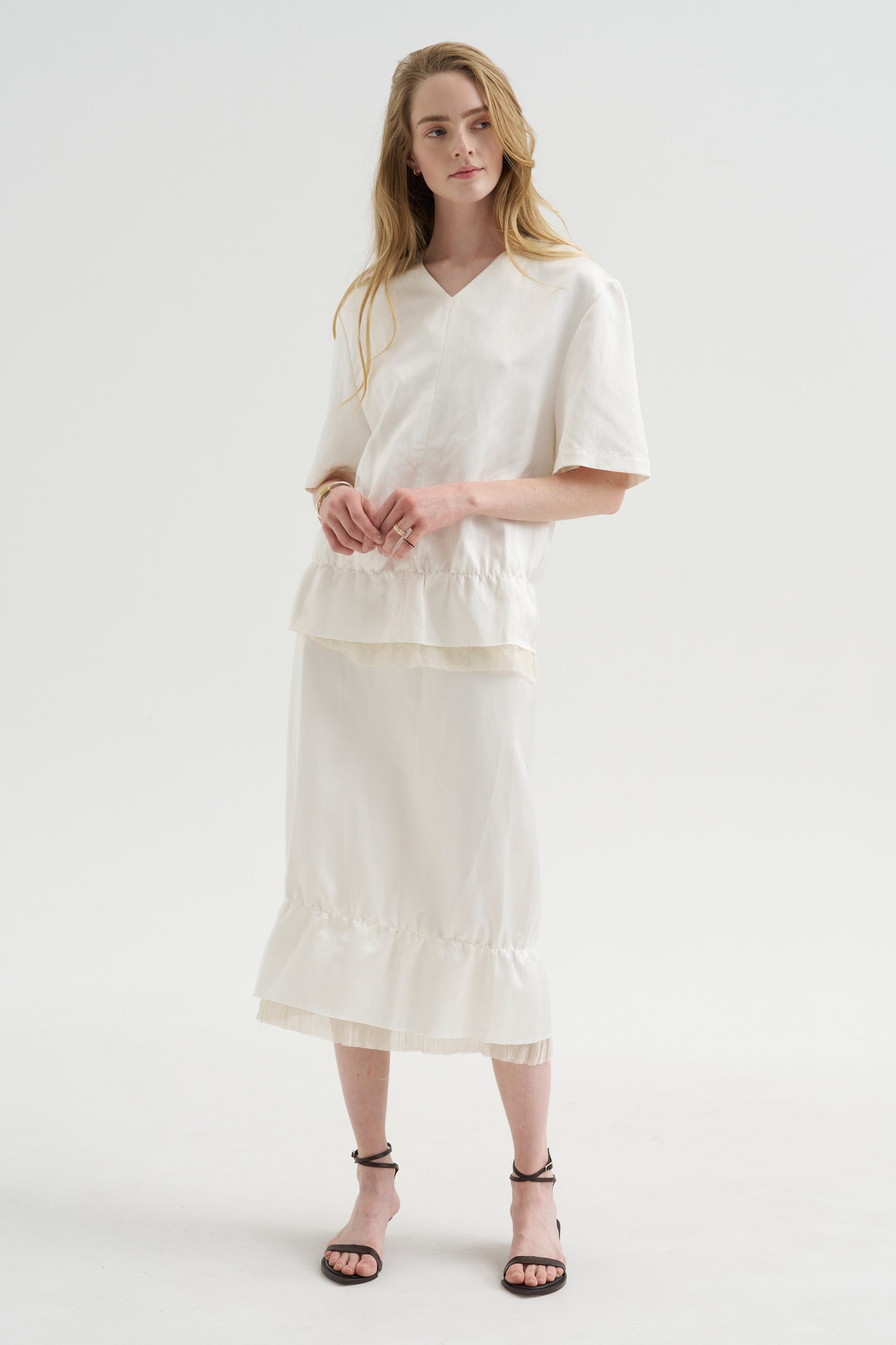 Layered Satin Skirt, White