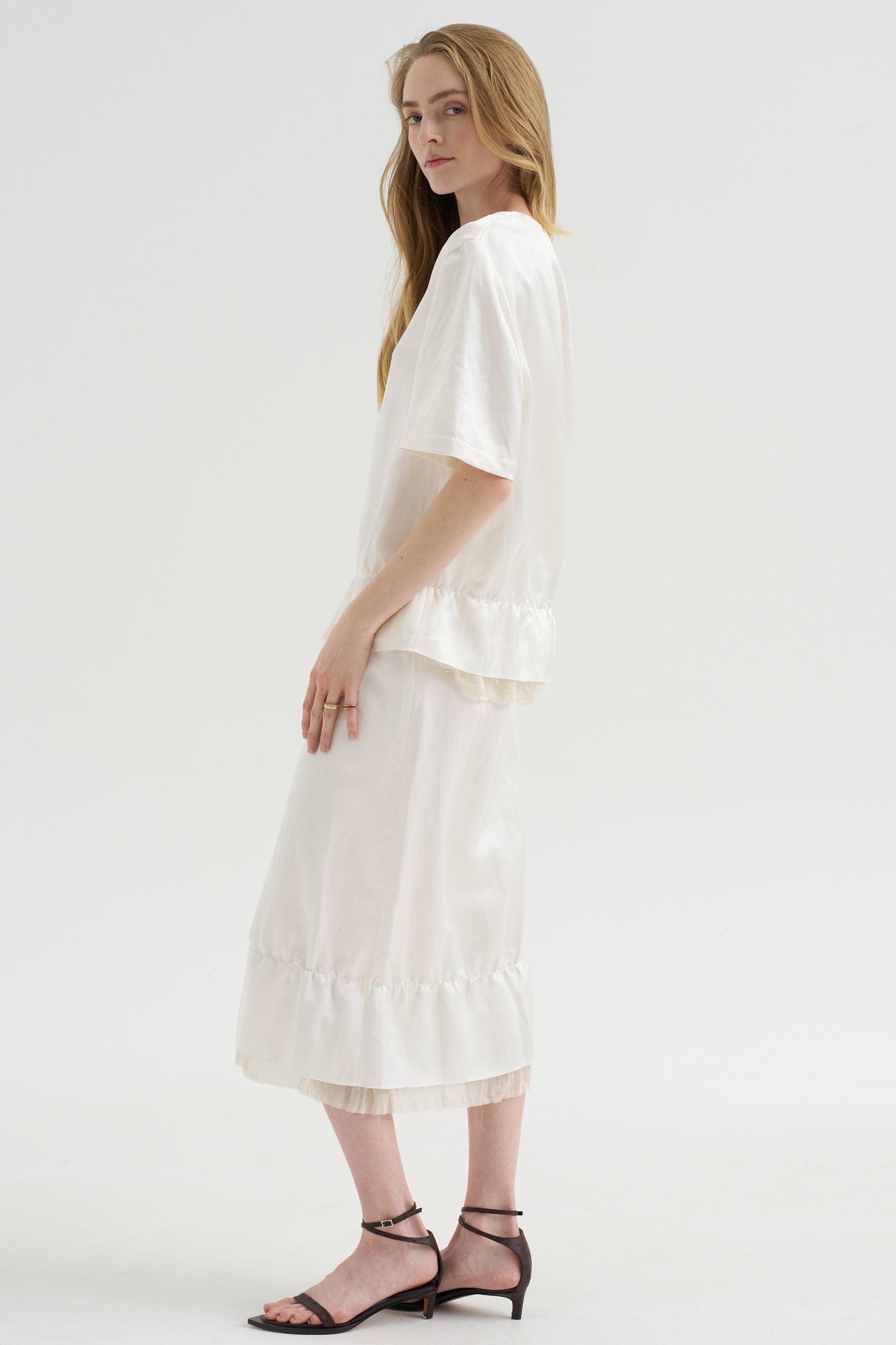 Layered Satin Skirt, White