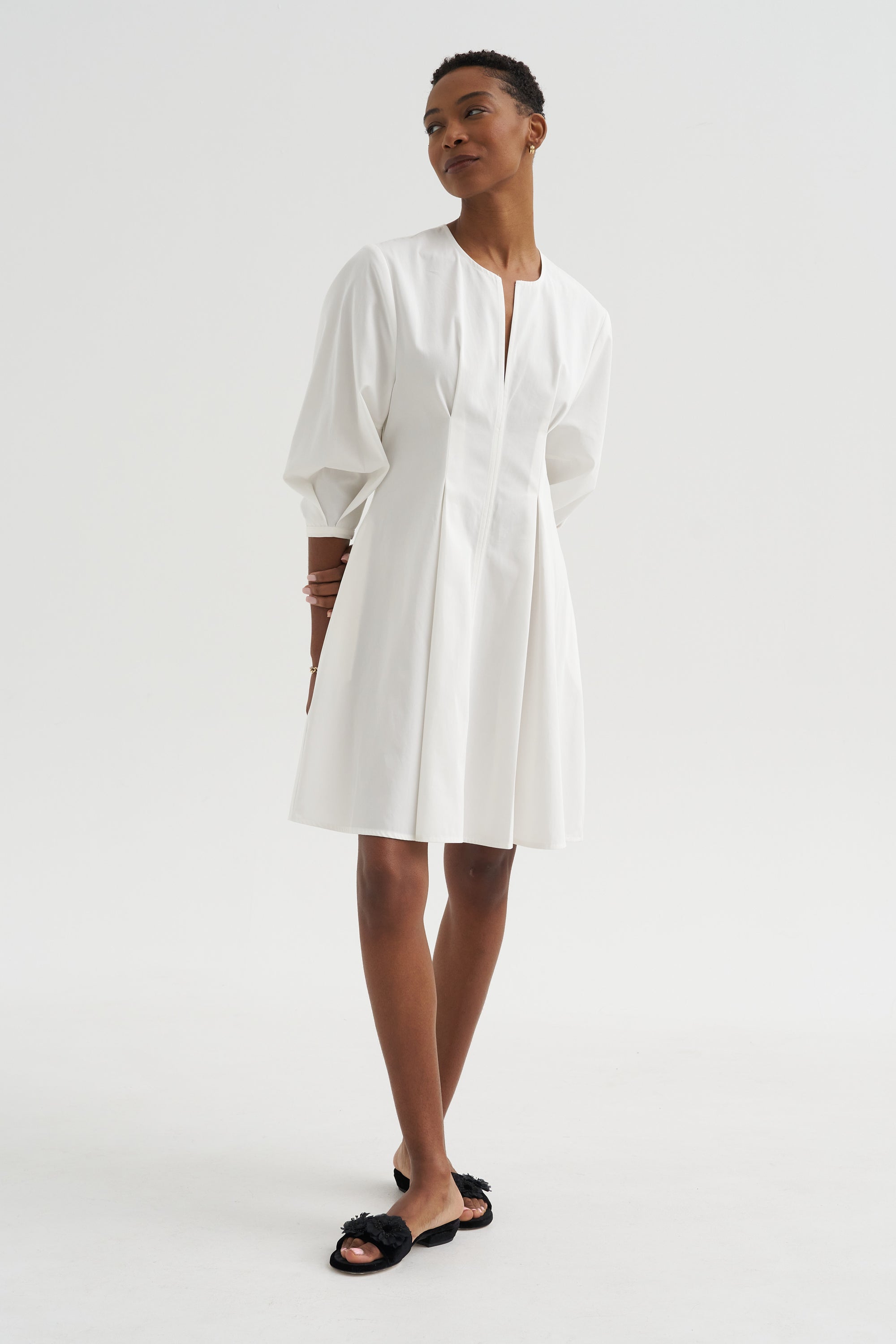 Balloon Sleeve Cotton Dress, White