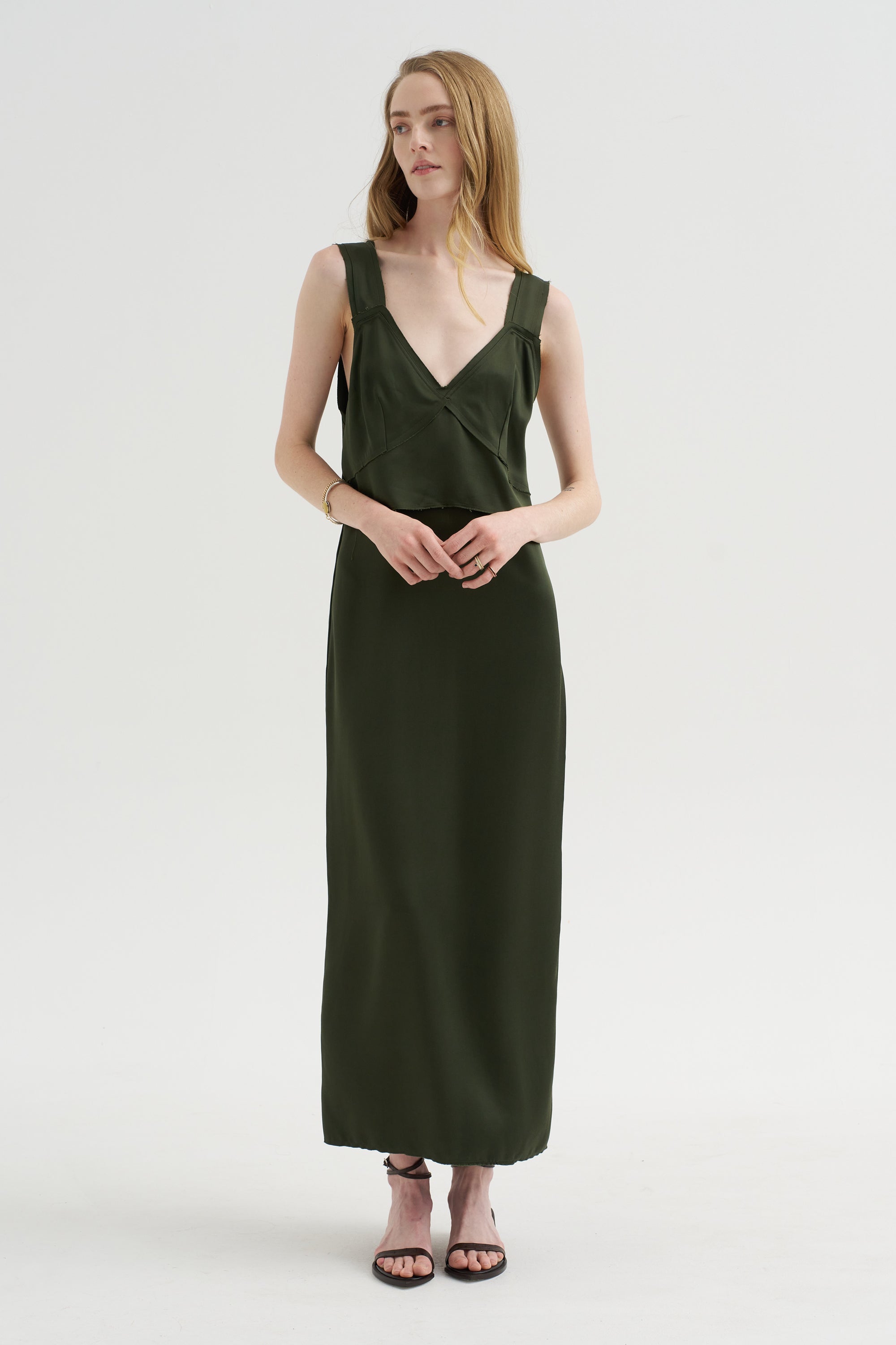 V-Neck Slip Dress, Bottle Green – Kick Pleat