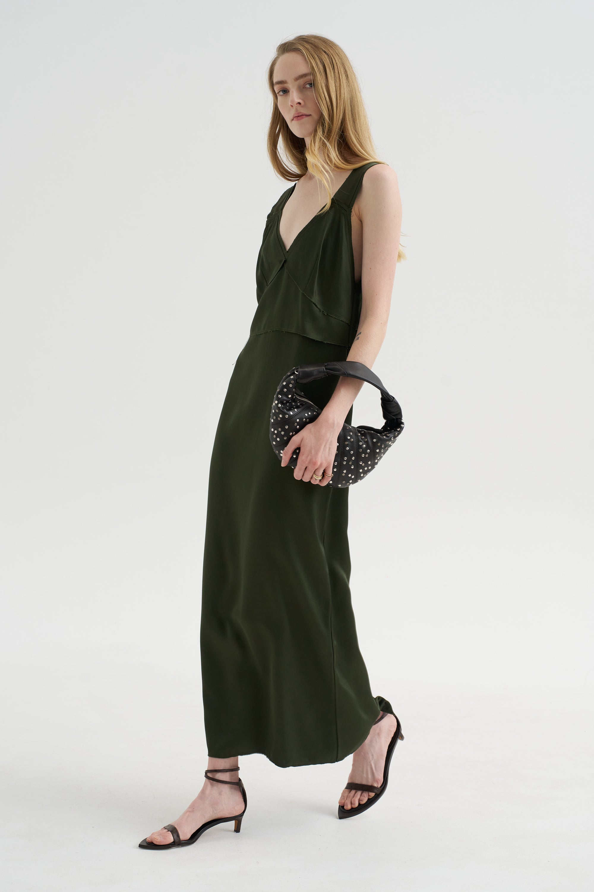 V-Neck Slip Dress, Bottle Green Kick Pleat V-Neck Slip Dress, Bottle Green Kick Pleat