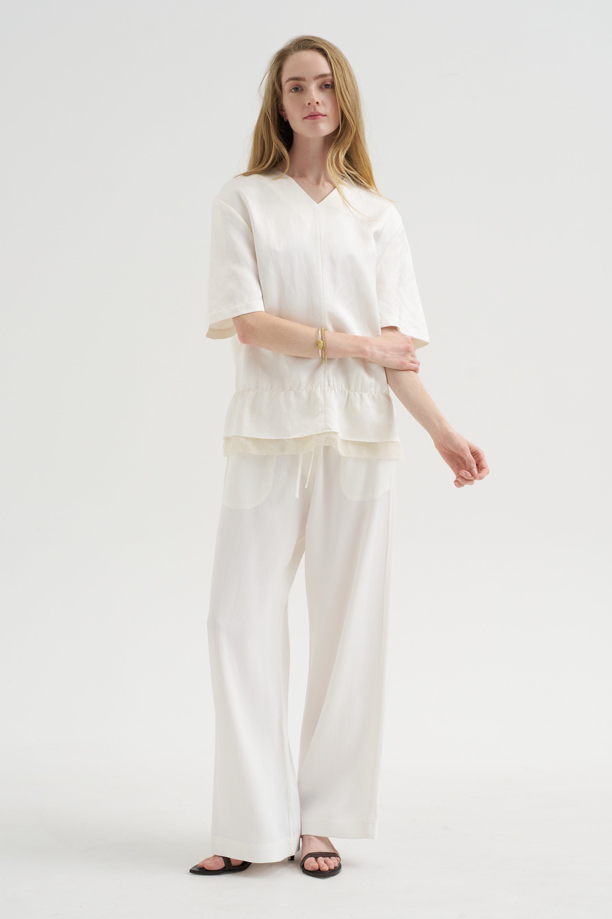 V-Neck Satin Pullover, White