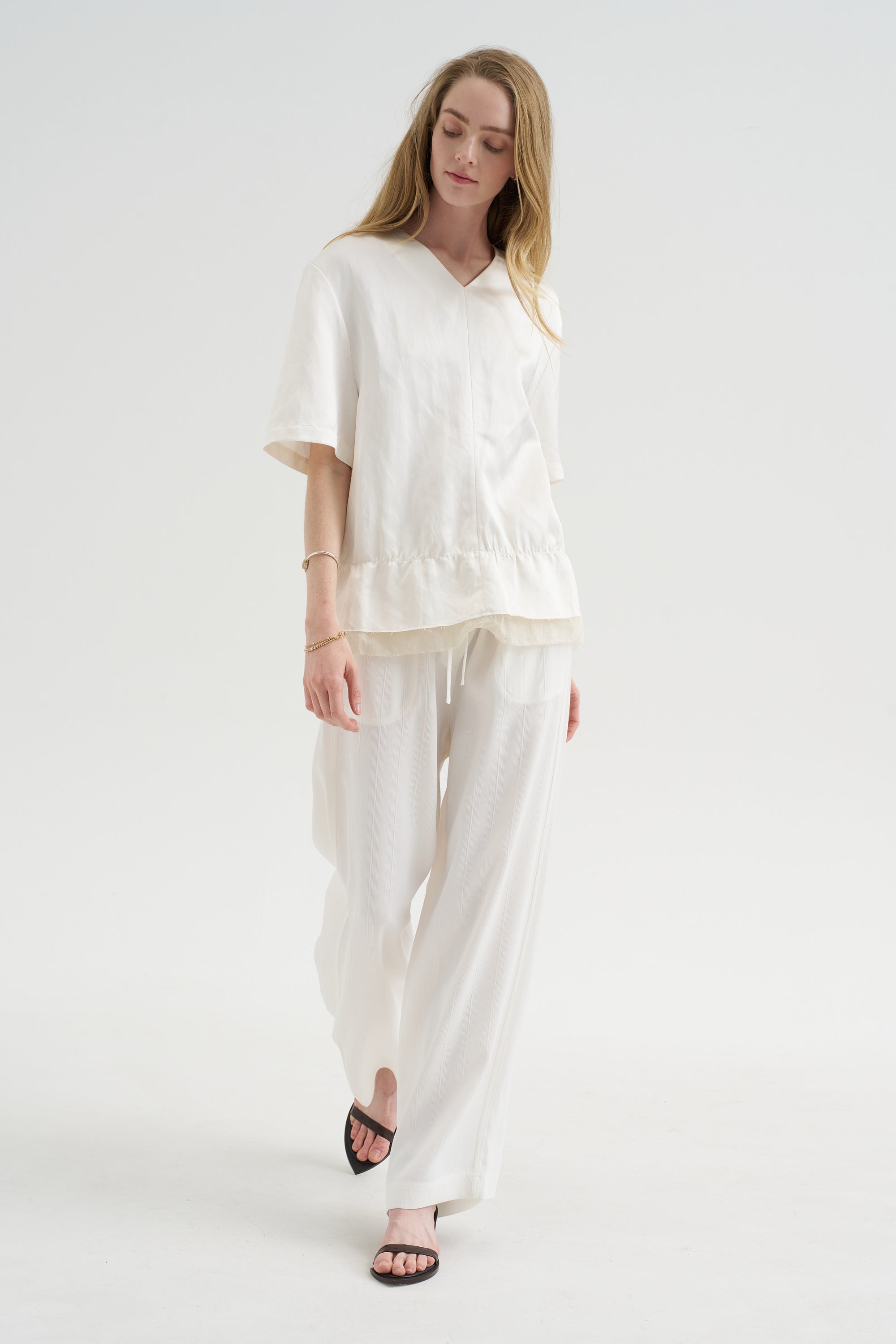 V-Neck Satin Pullover, White