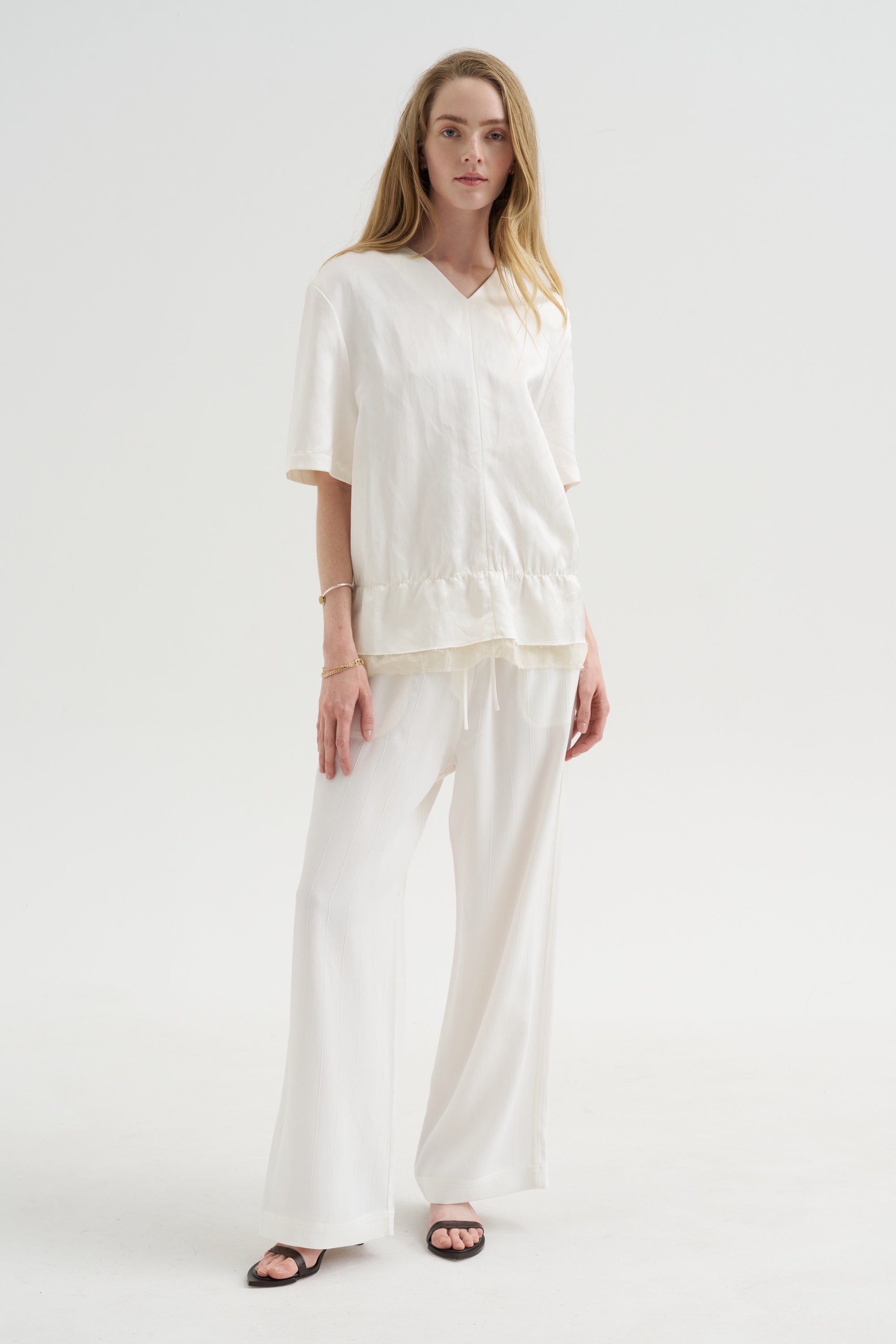 V-Neck Satin Pullover, White