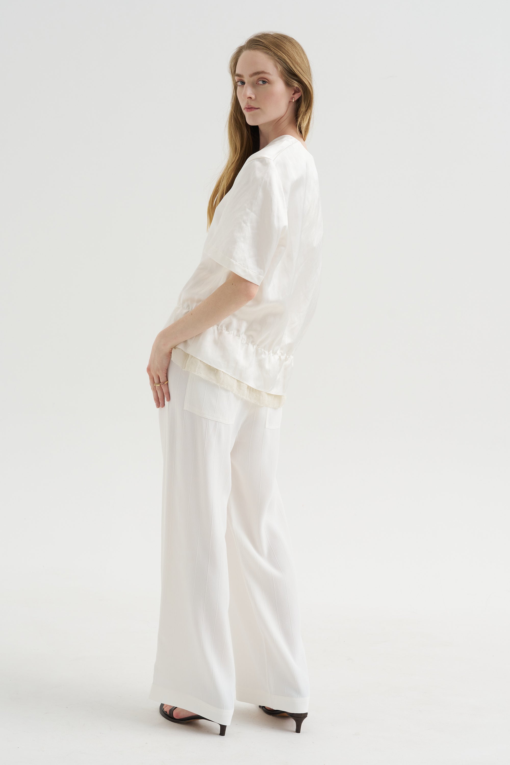 V-Neck Satin Pullover, White