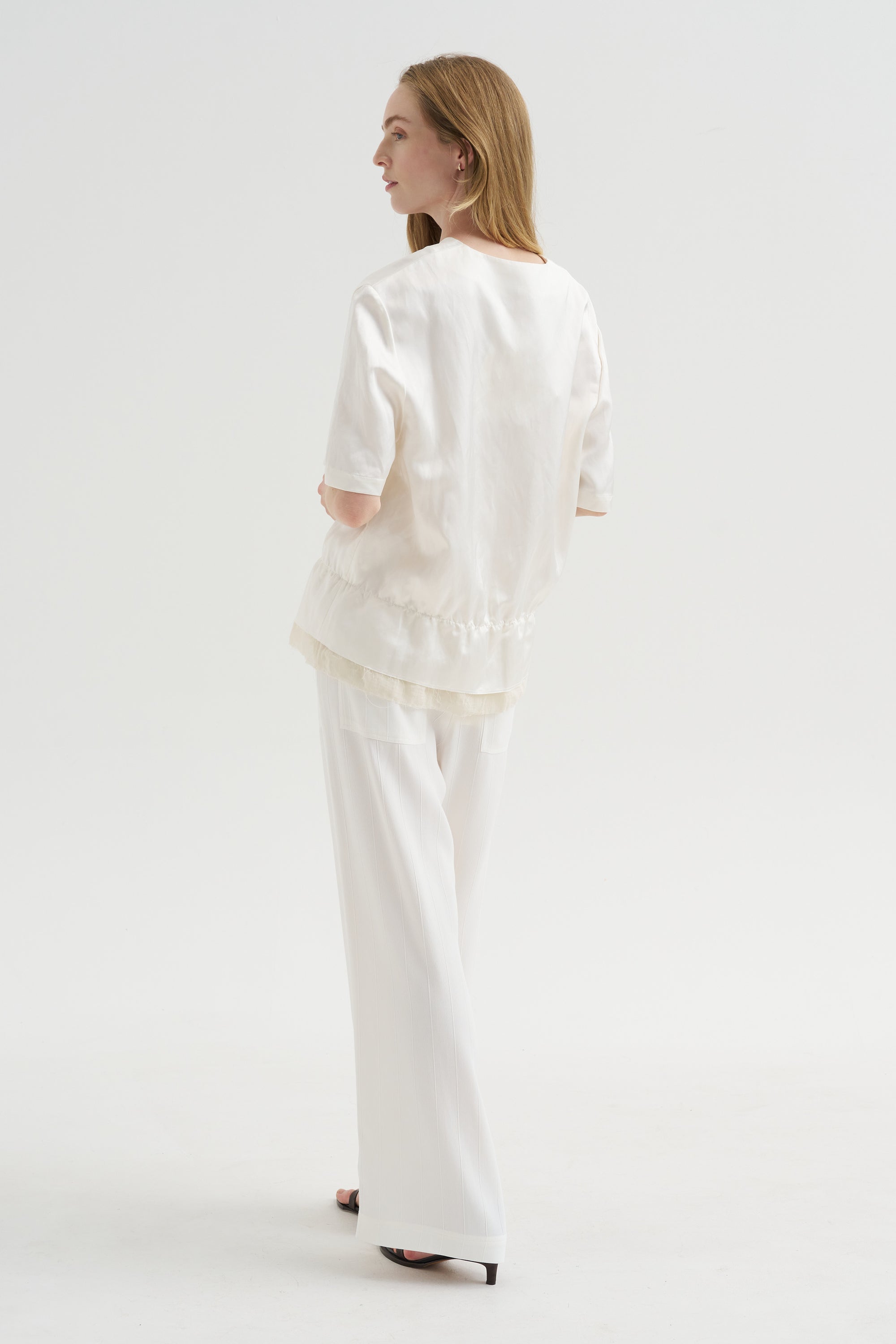V-Neck Satin Pullover, White