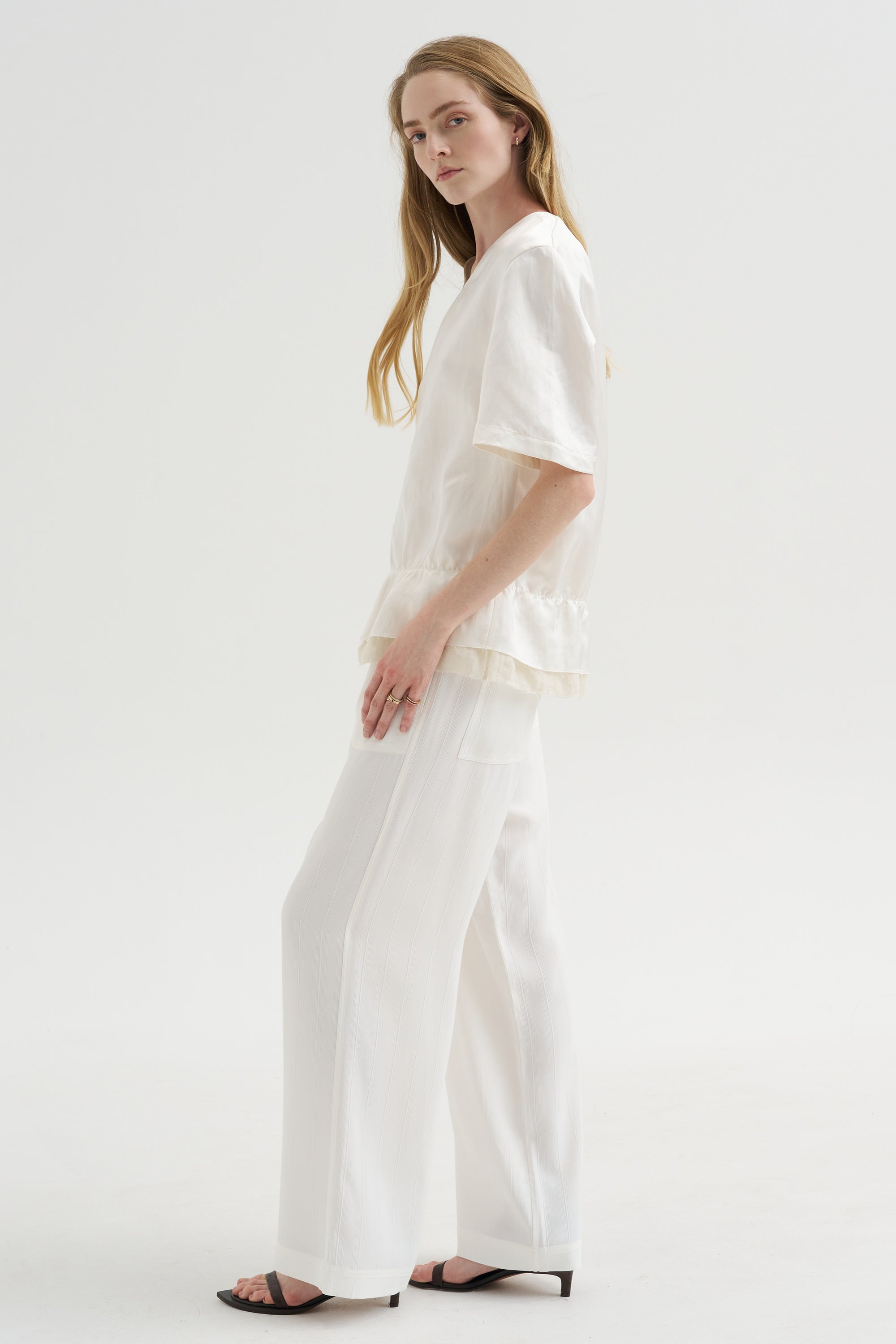 V-Neck Satin Pullover, White