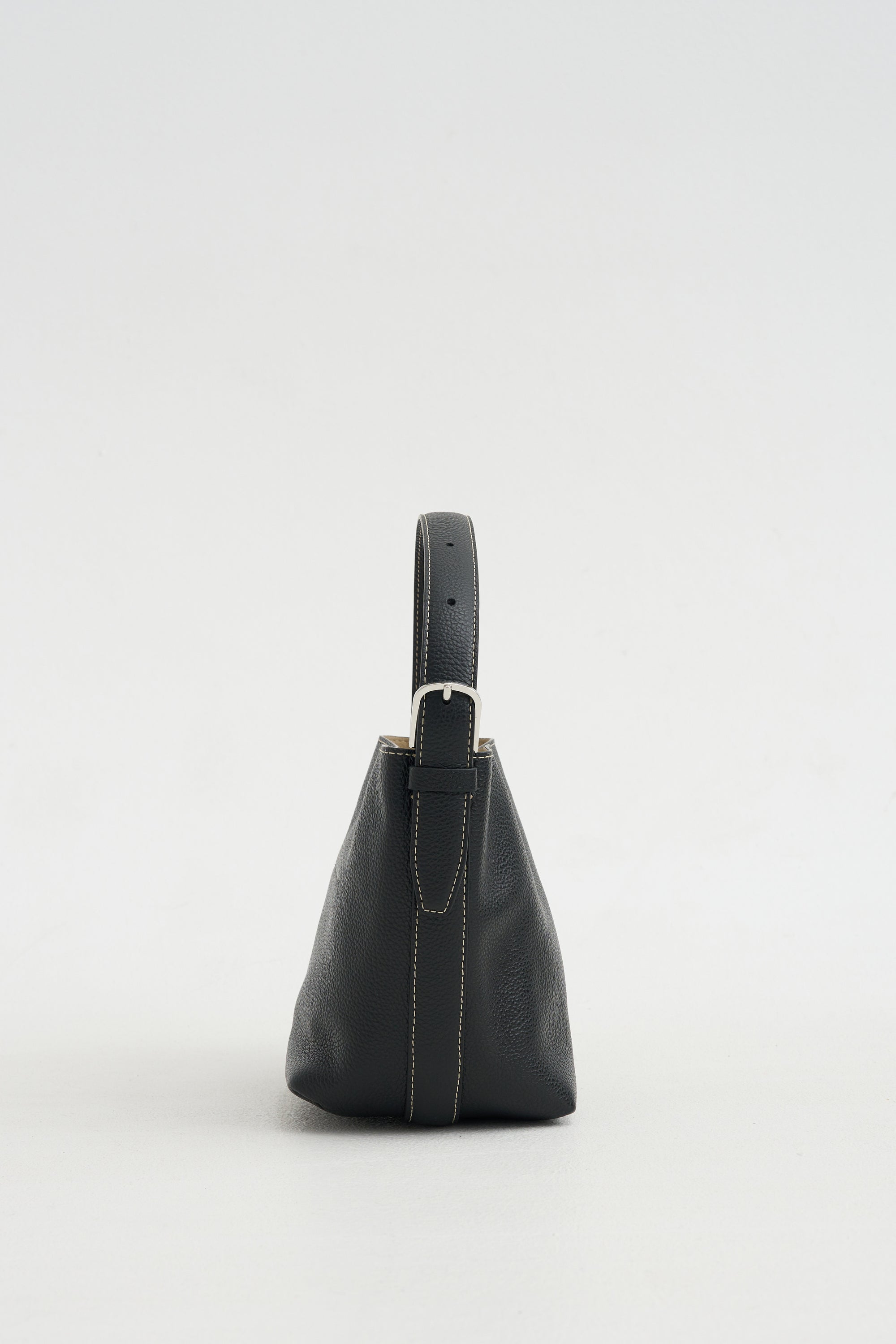 Petite Belted Grained-Leather Tote, Black
