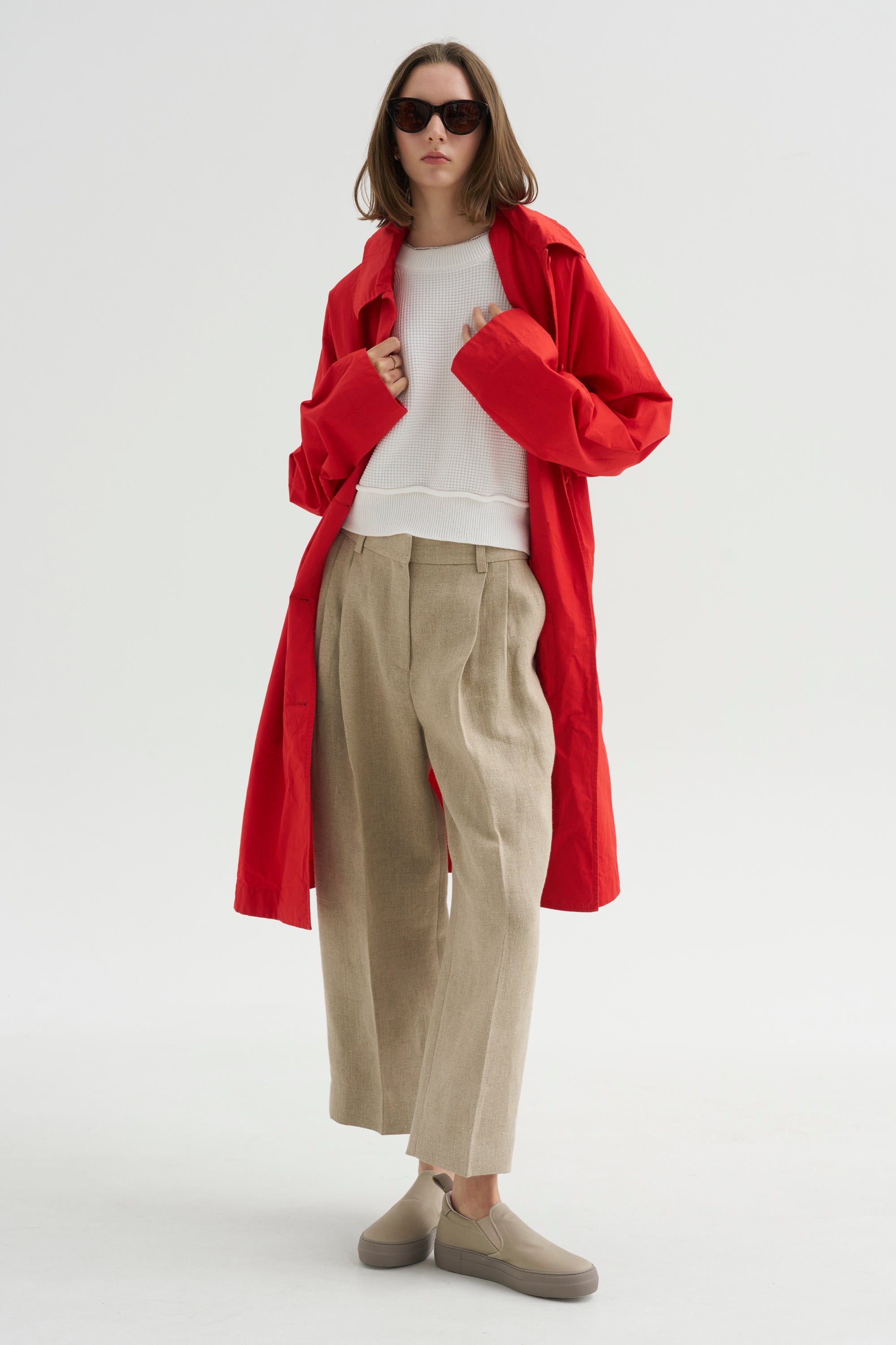 Double Pleat Linen Trousers, Beige