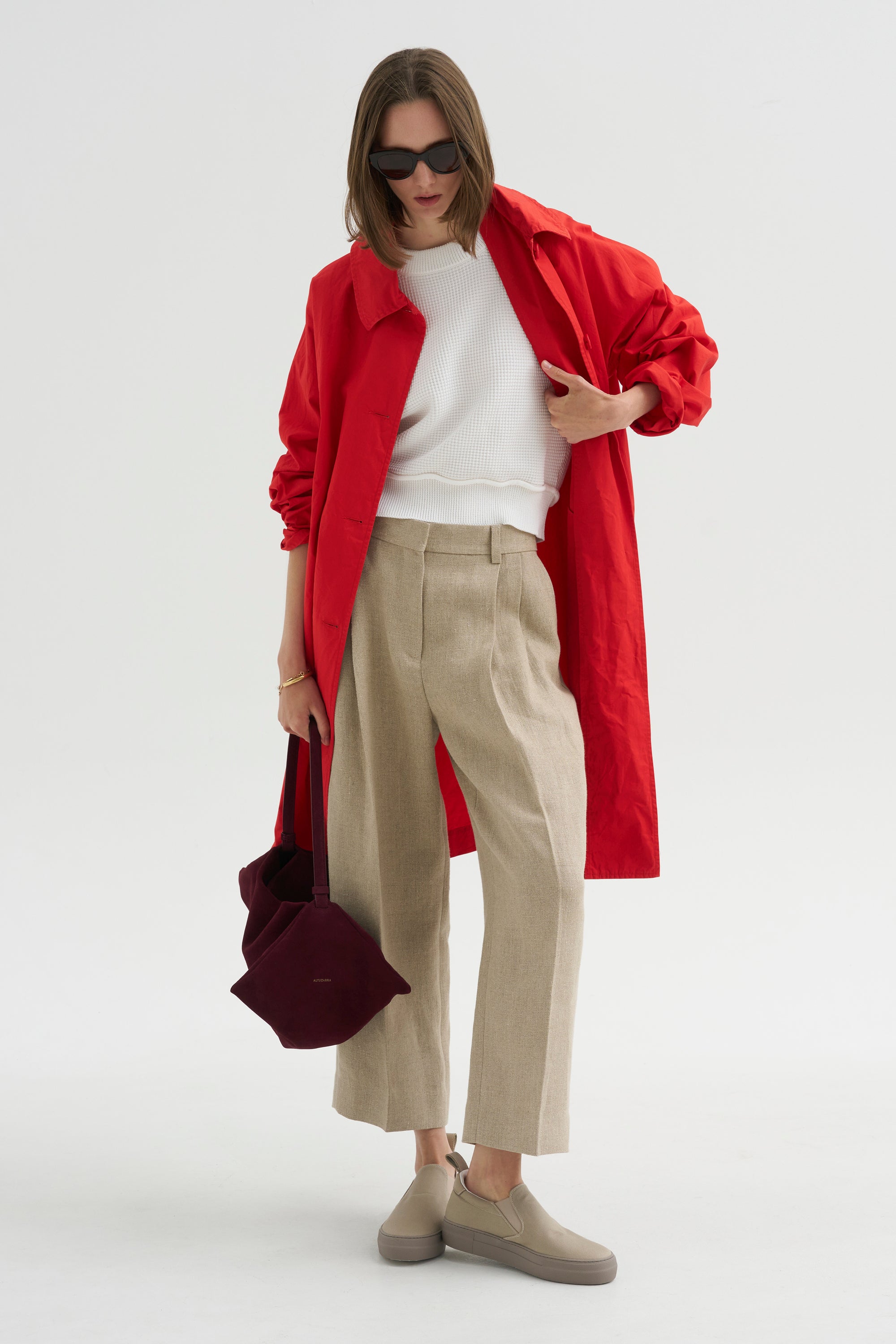 Double Pleat Linen Trousers, Beige