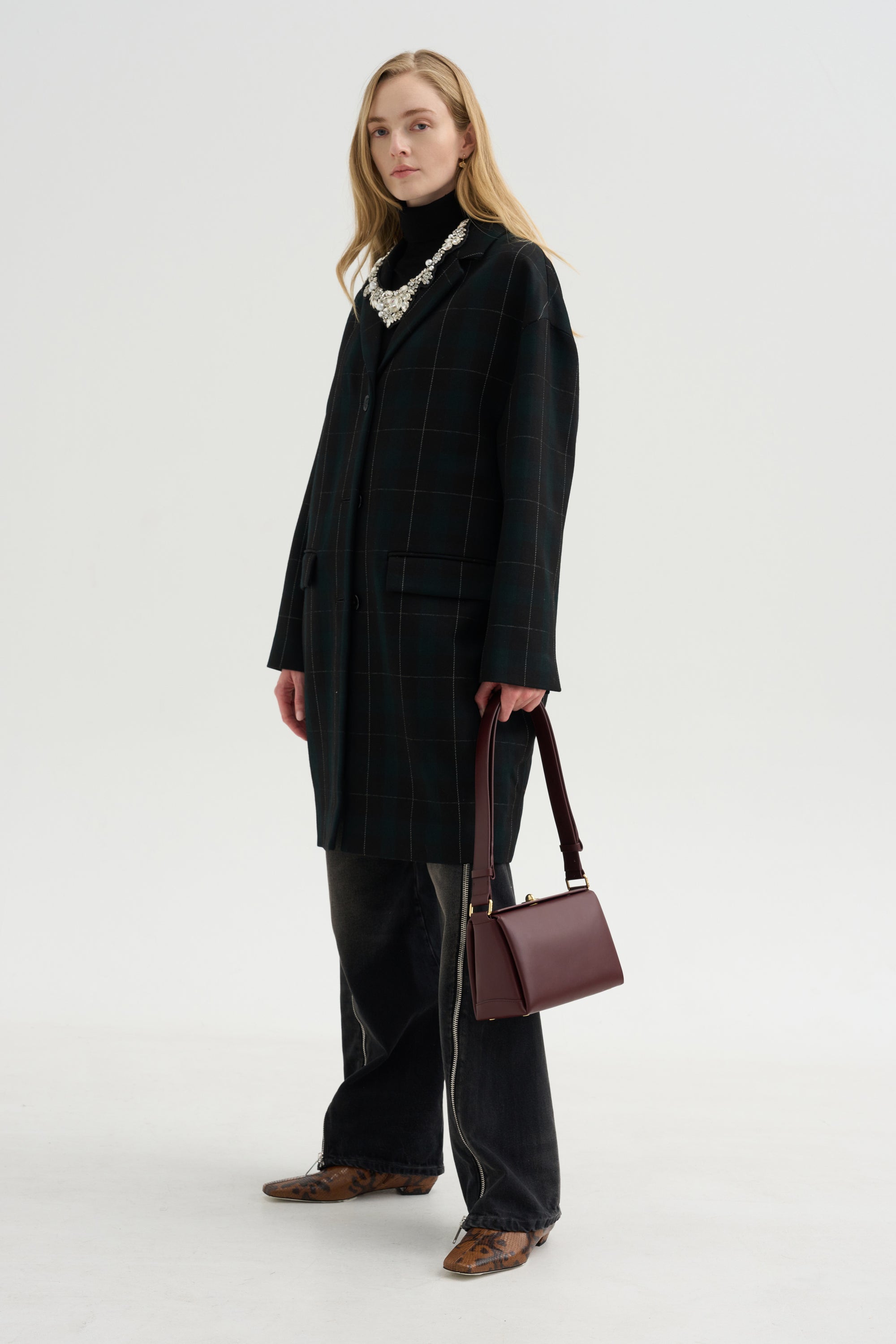 Wool Check Coat, Pine &amp; Black