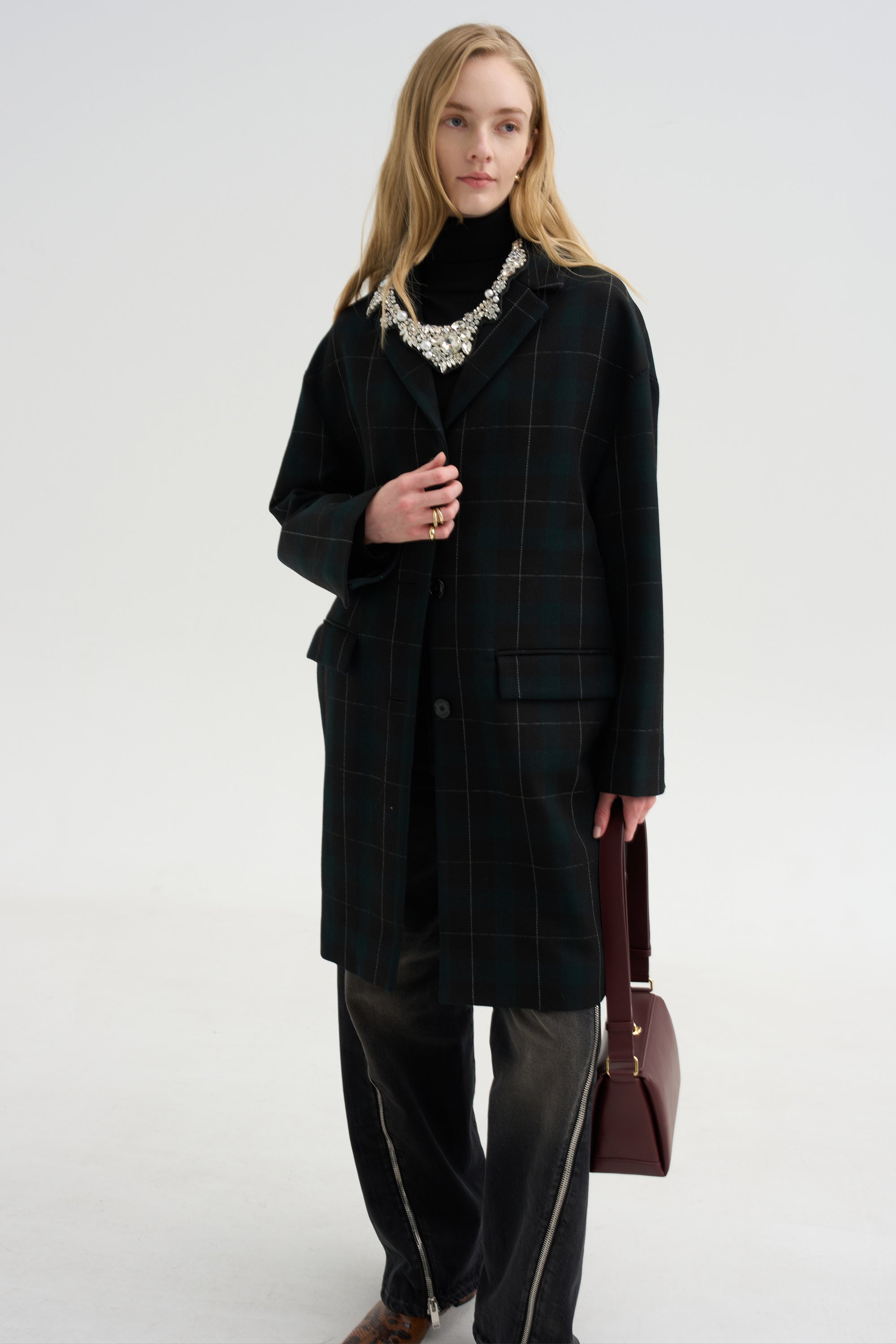 Wool Check Coat, Pine &amp; Black