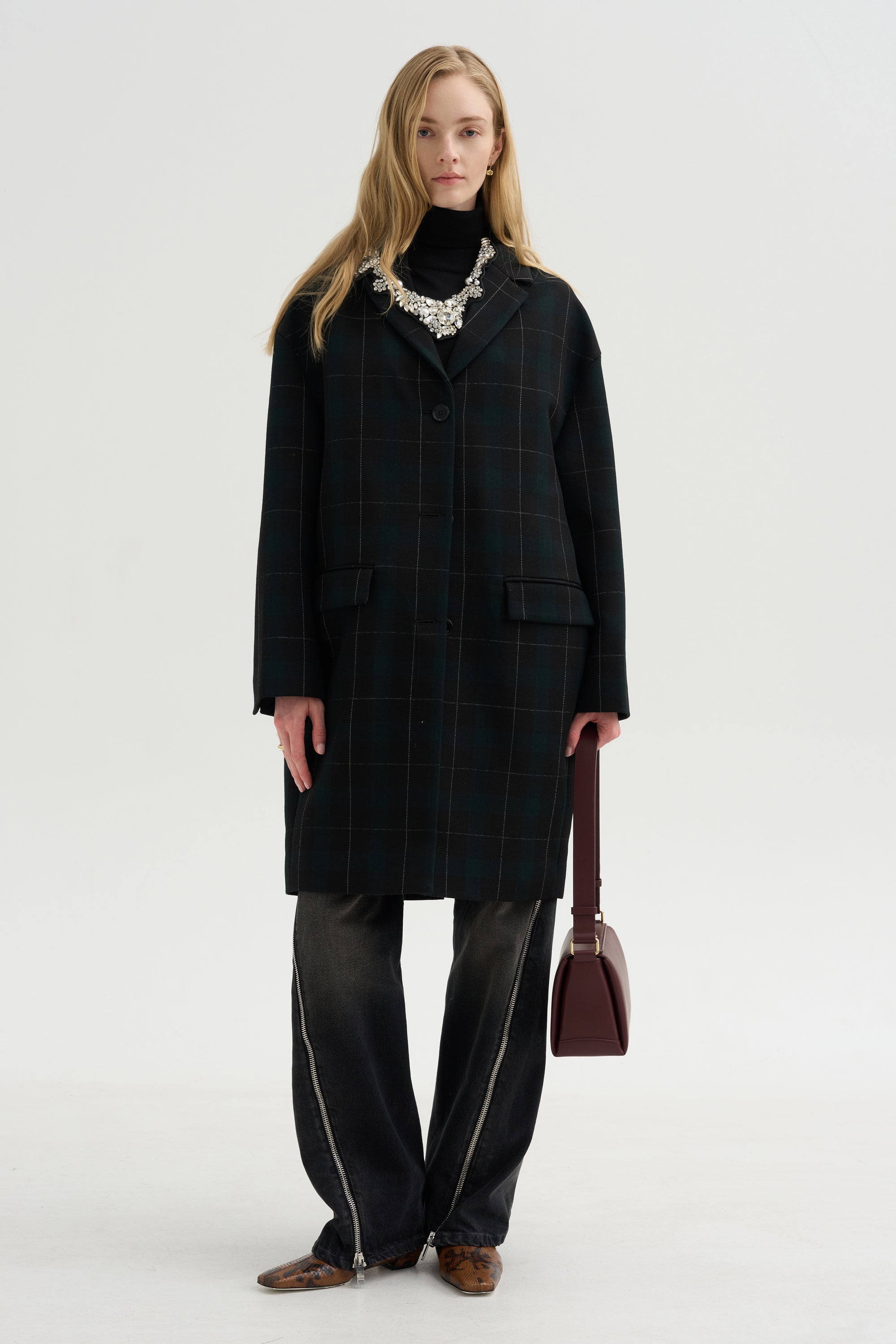 Wool Check Coat, Pine &amp; Black