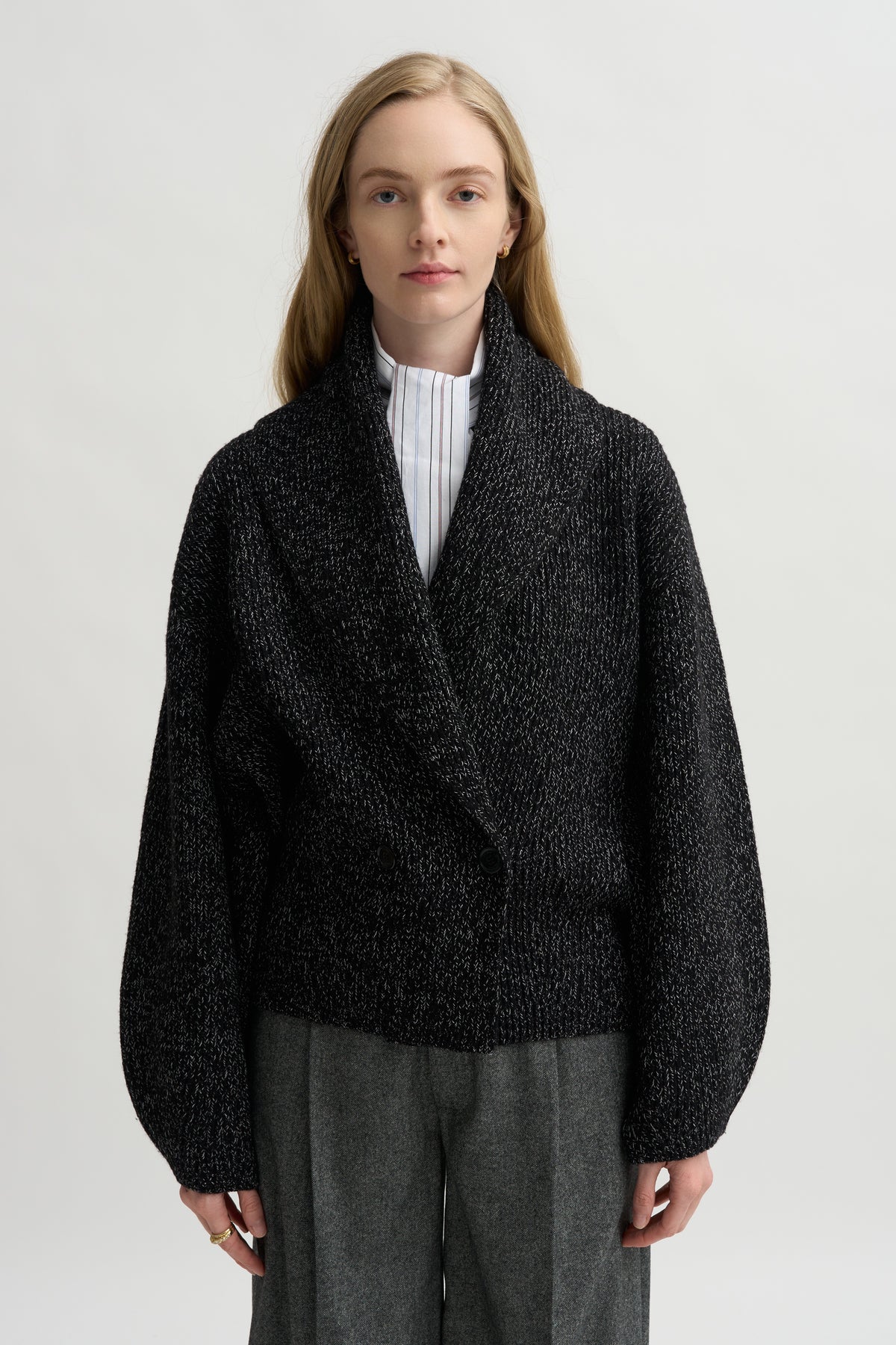 Shawl-Lapel Cardigan, Black &amp; White