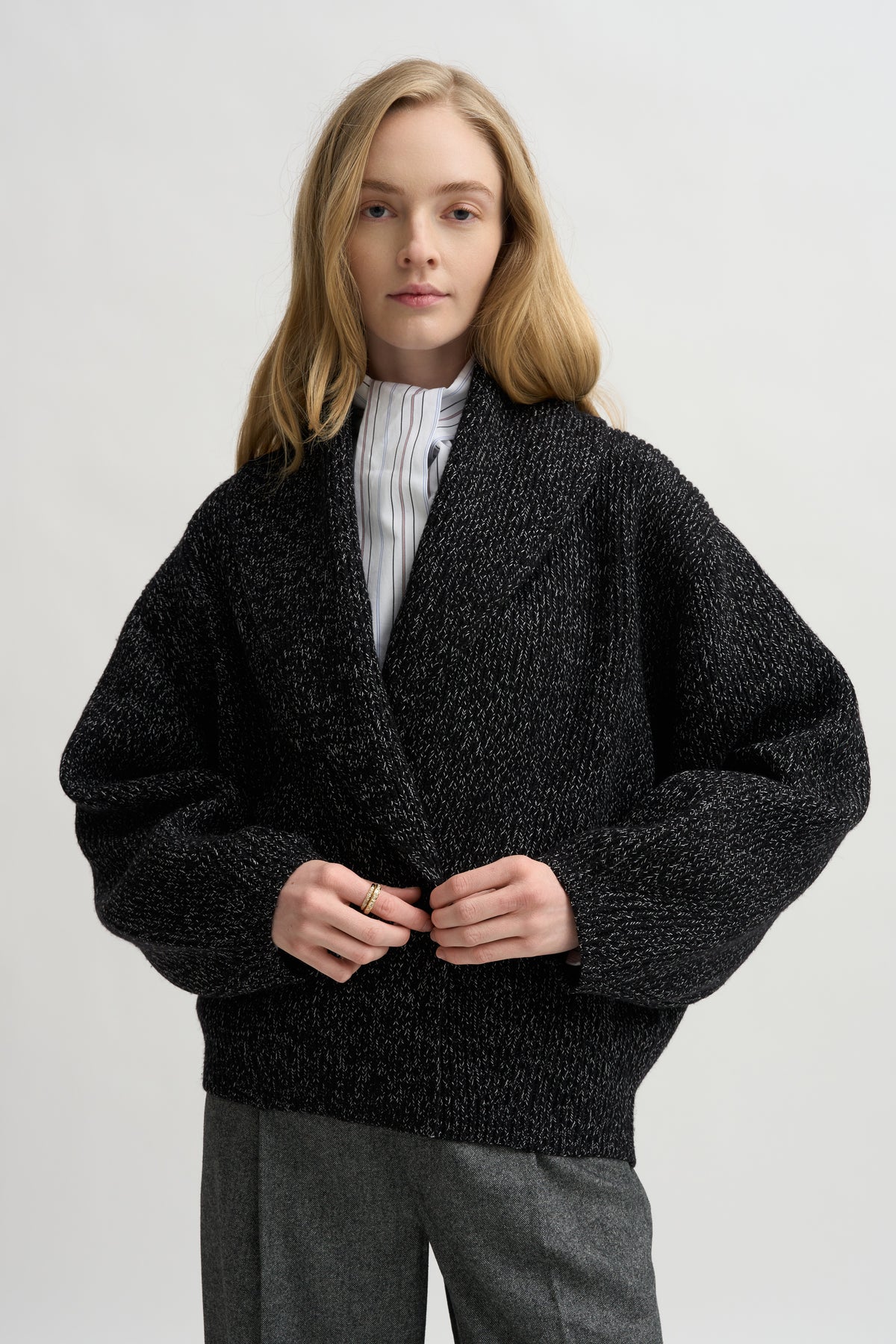 Shawl-Lapel Cardigan, Black &amp; White