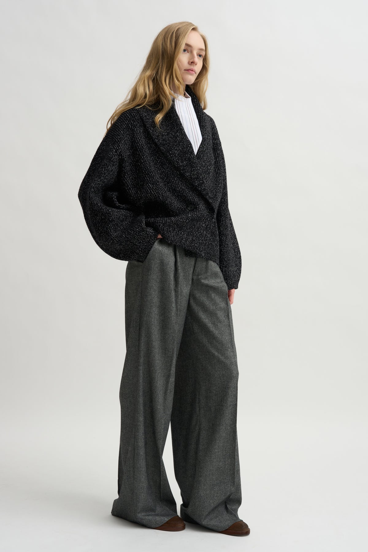 Shawl-Lapel Cardigan, Black &amp; White