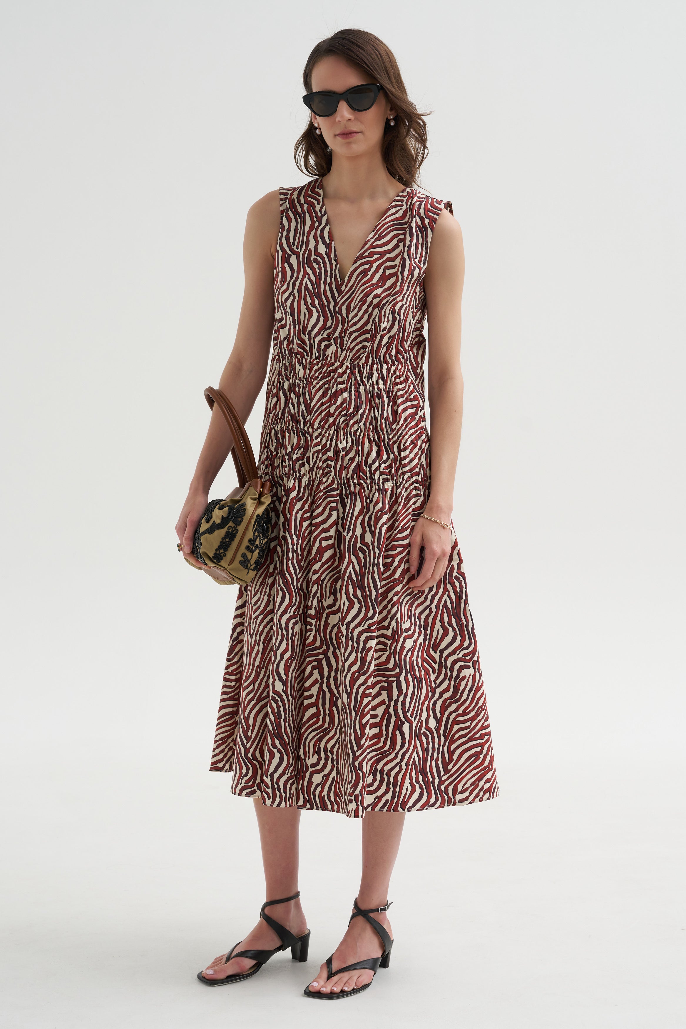 Loren Dress, Rust & Cream Multi – Kick Pleat