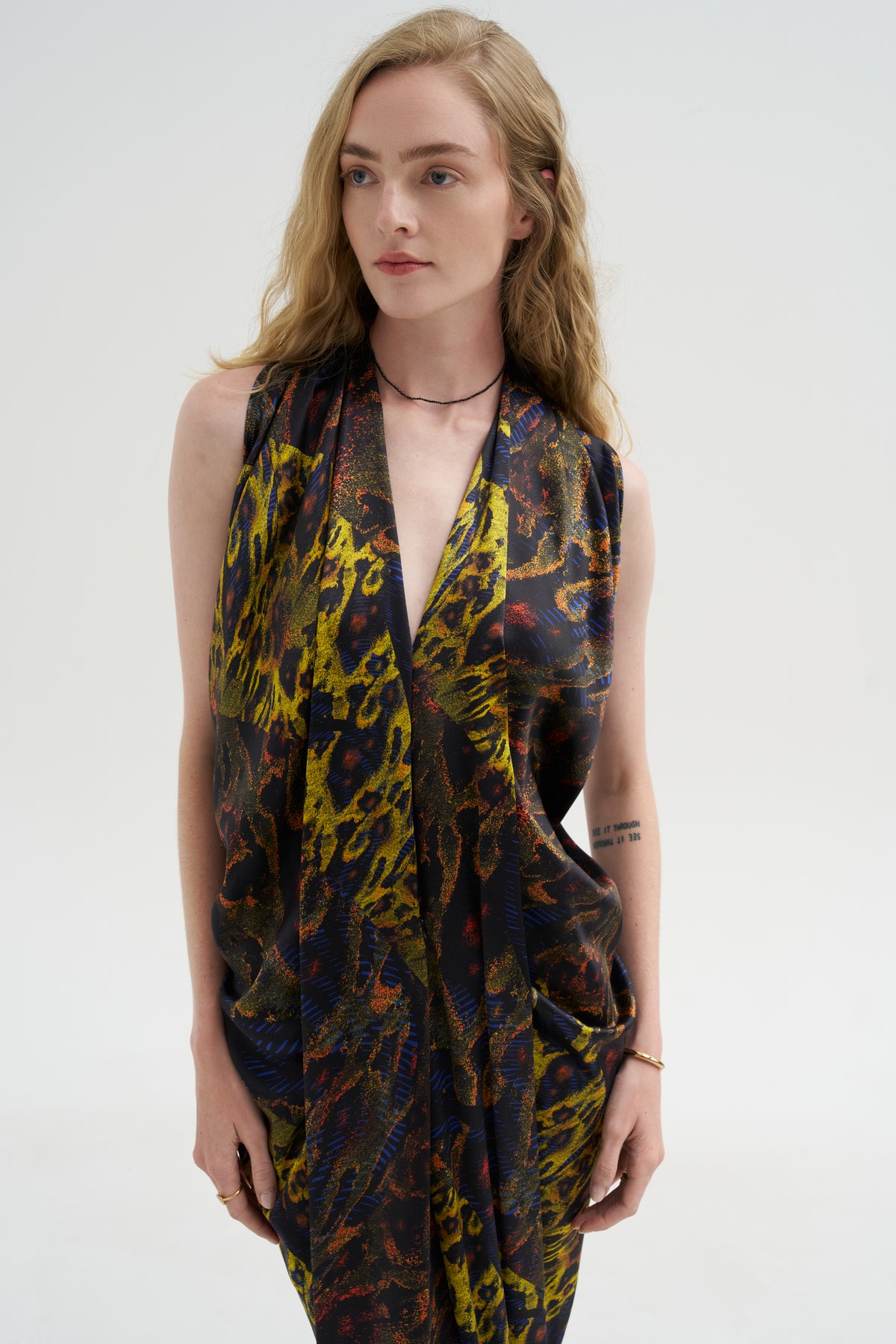 Eve Long Foil Dress, Black Multi