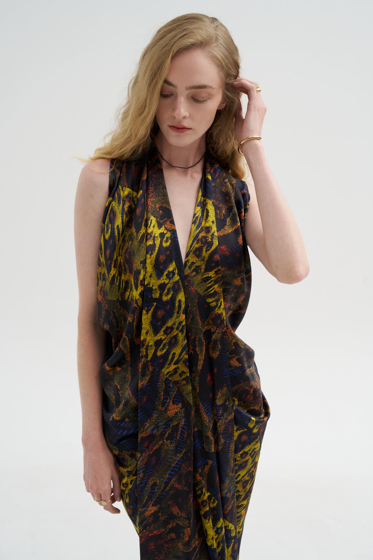 Eve Long Foil Dress, Black Multi