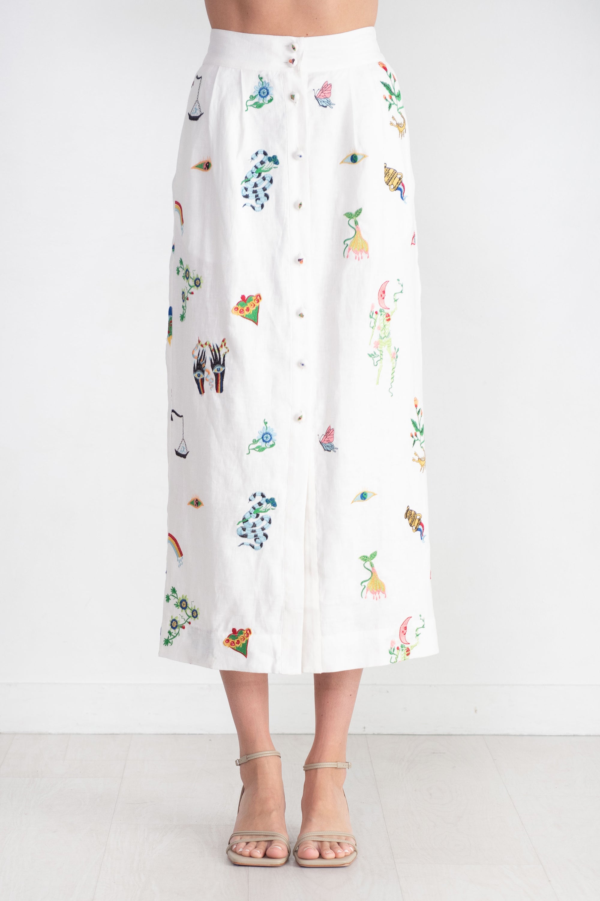 Alemais Atticus Embroidered Skirt Cream Kick Pleat