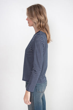 Allude - Stripe Round Neck T-Shirt, Blue & White