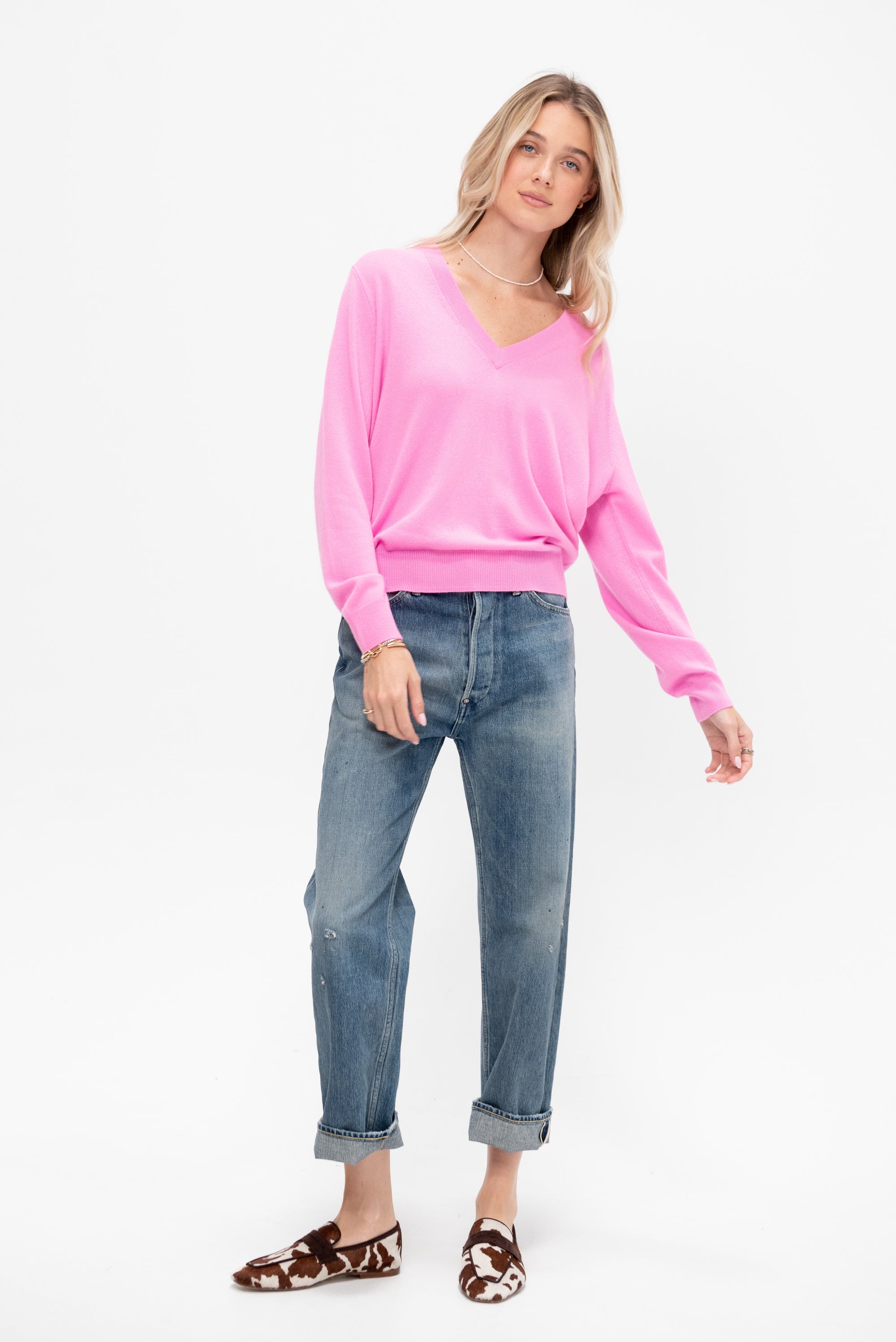 Deep V-Neck Sweater, Plastic Pink