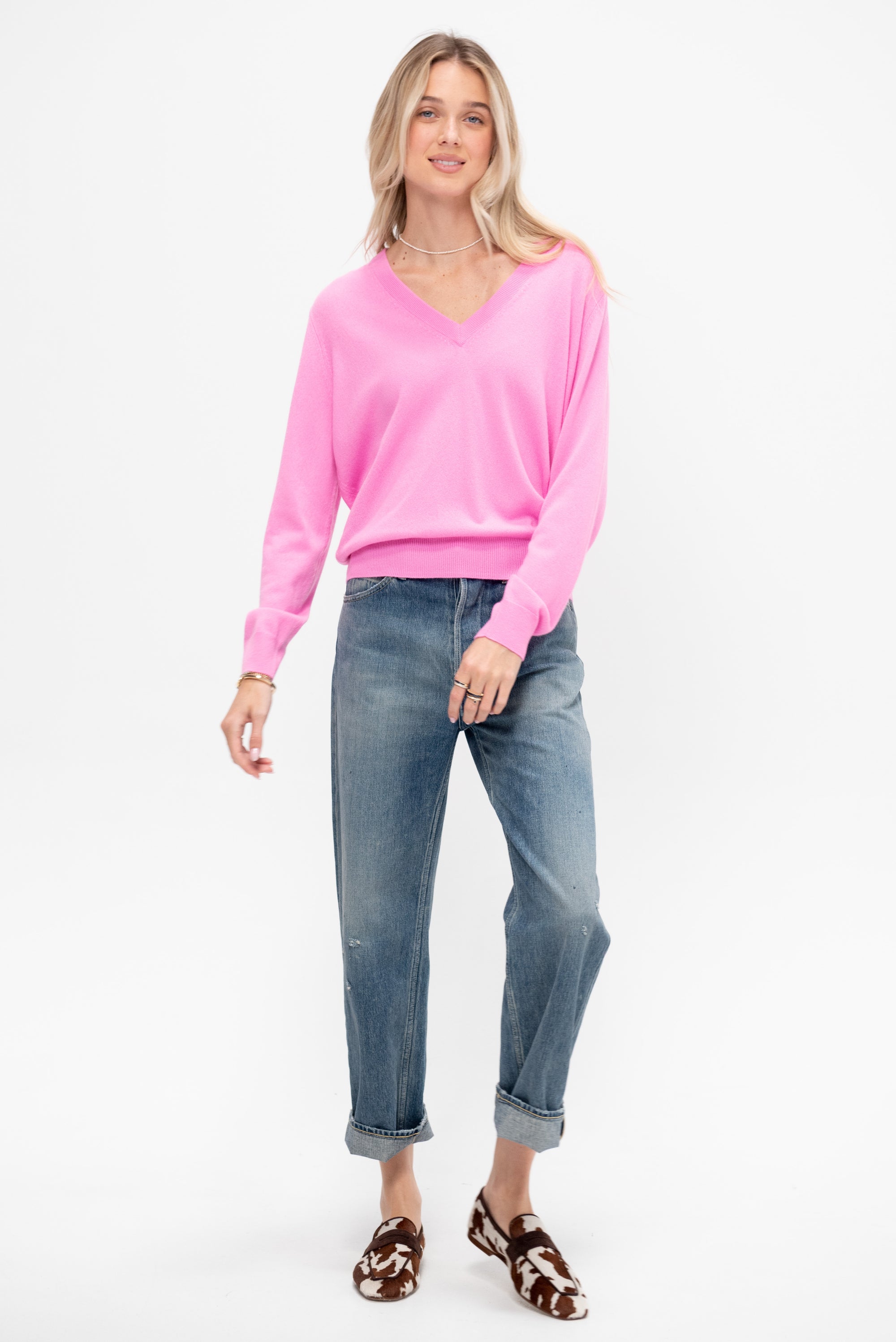 Deep V-Neck Sweater, Plastic Pink