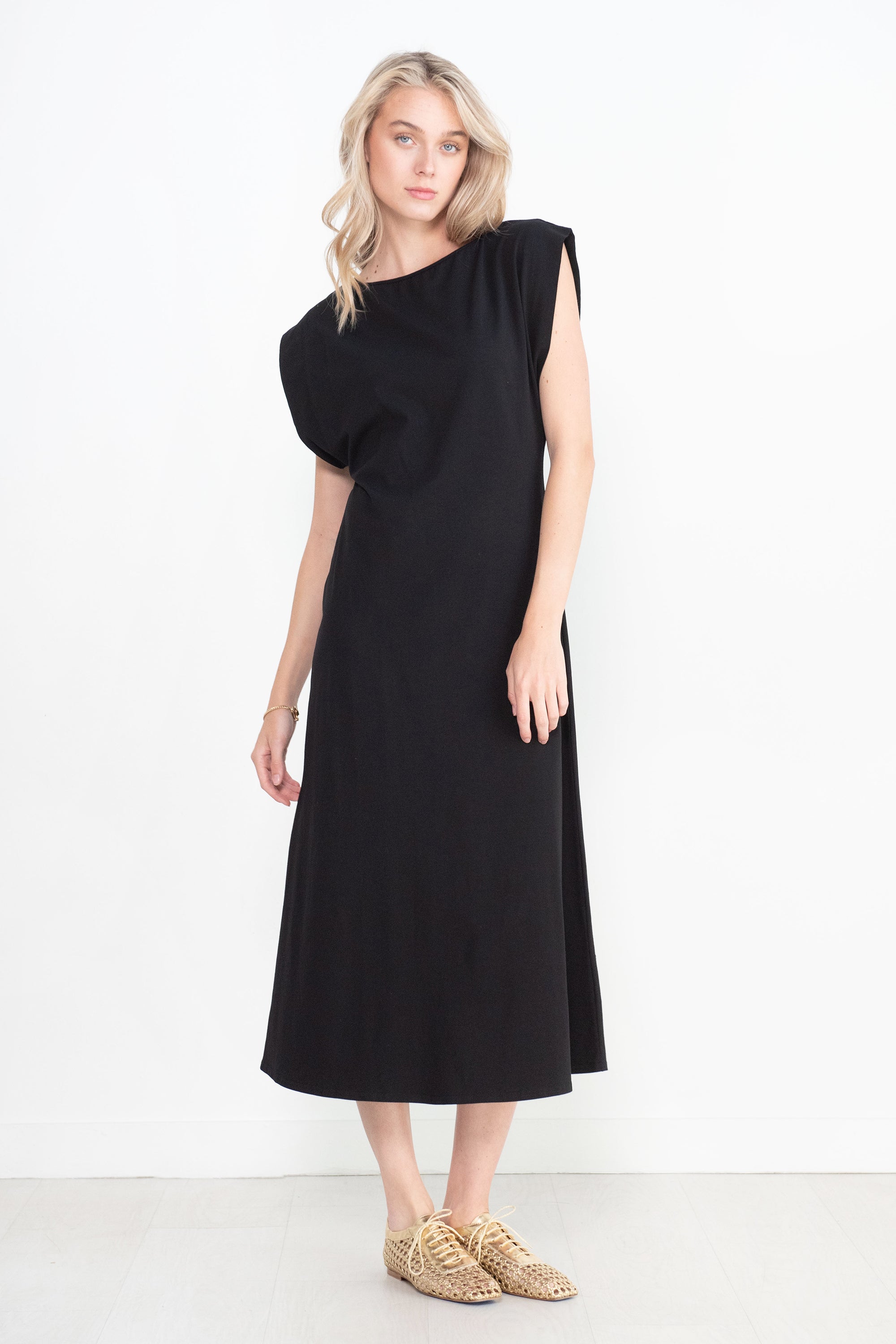 Apiece Apart Adi Midi Dress, Black Kick Pleat