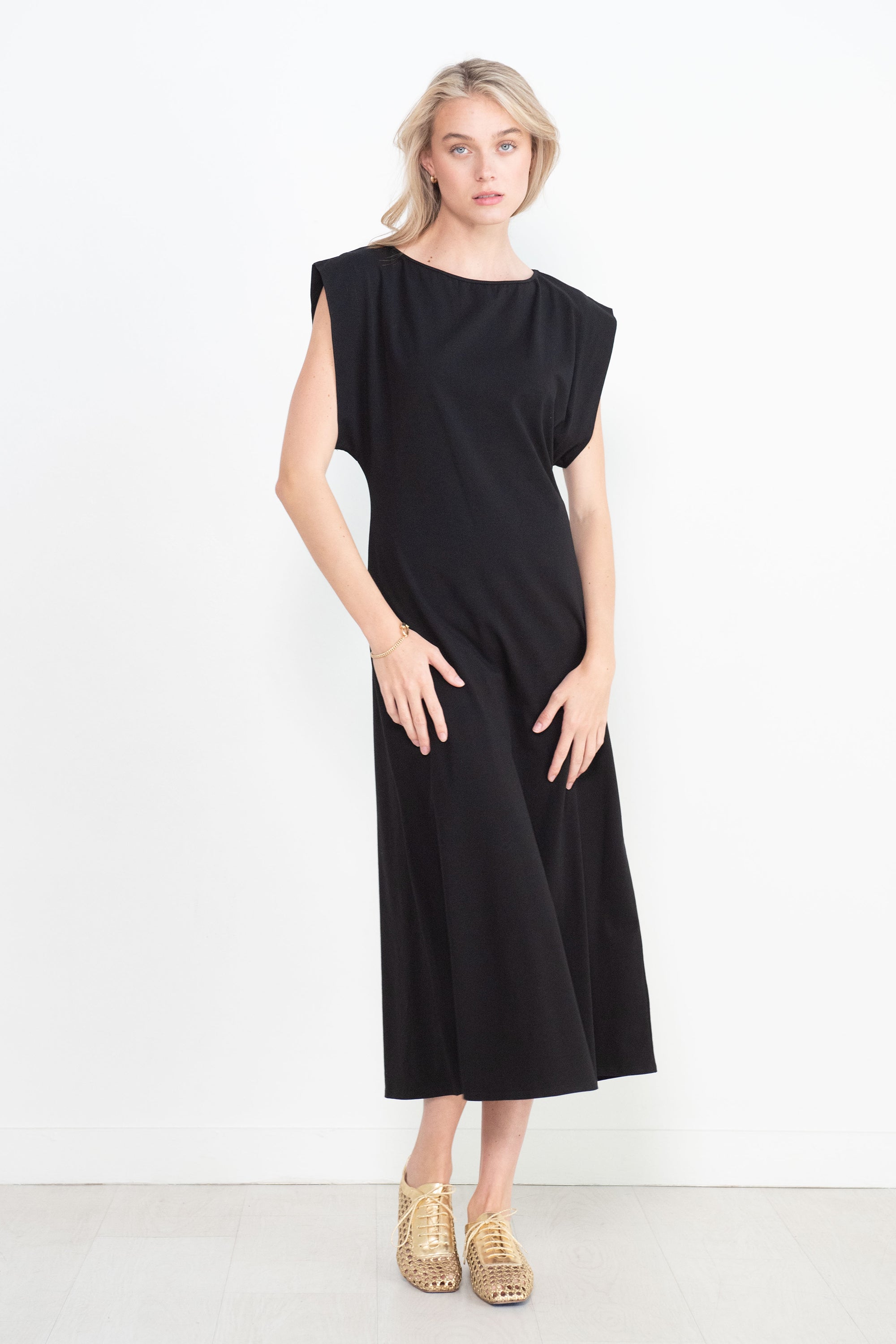 Apiece Apart Adi Midi Dress, Black Kick Pleat