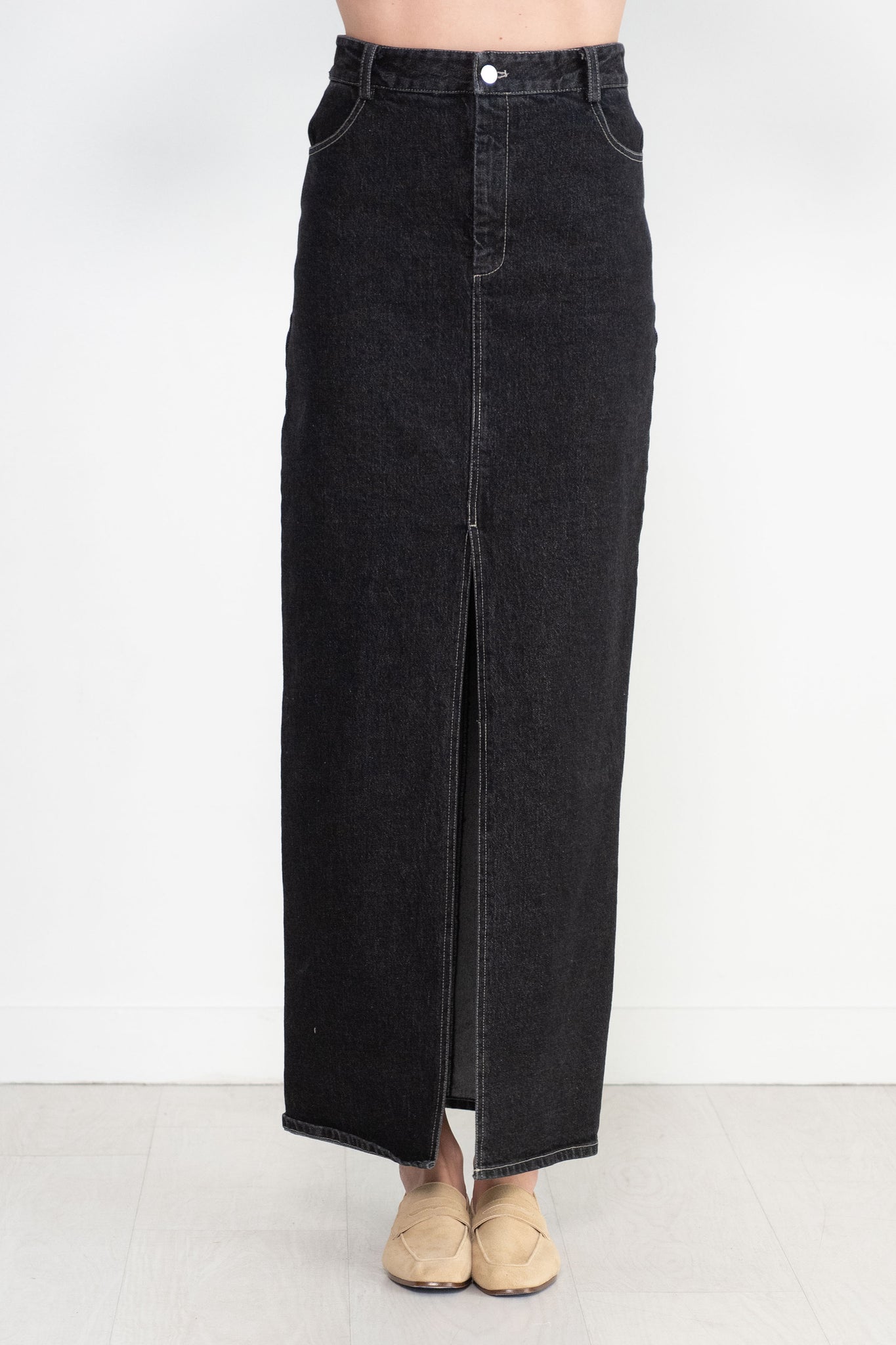 Nomia - Slit Front Maxi Jean Skirt, Black