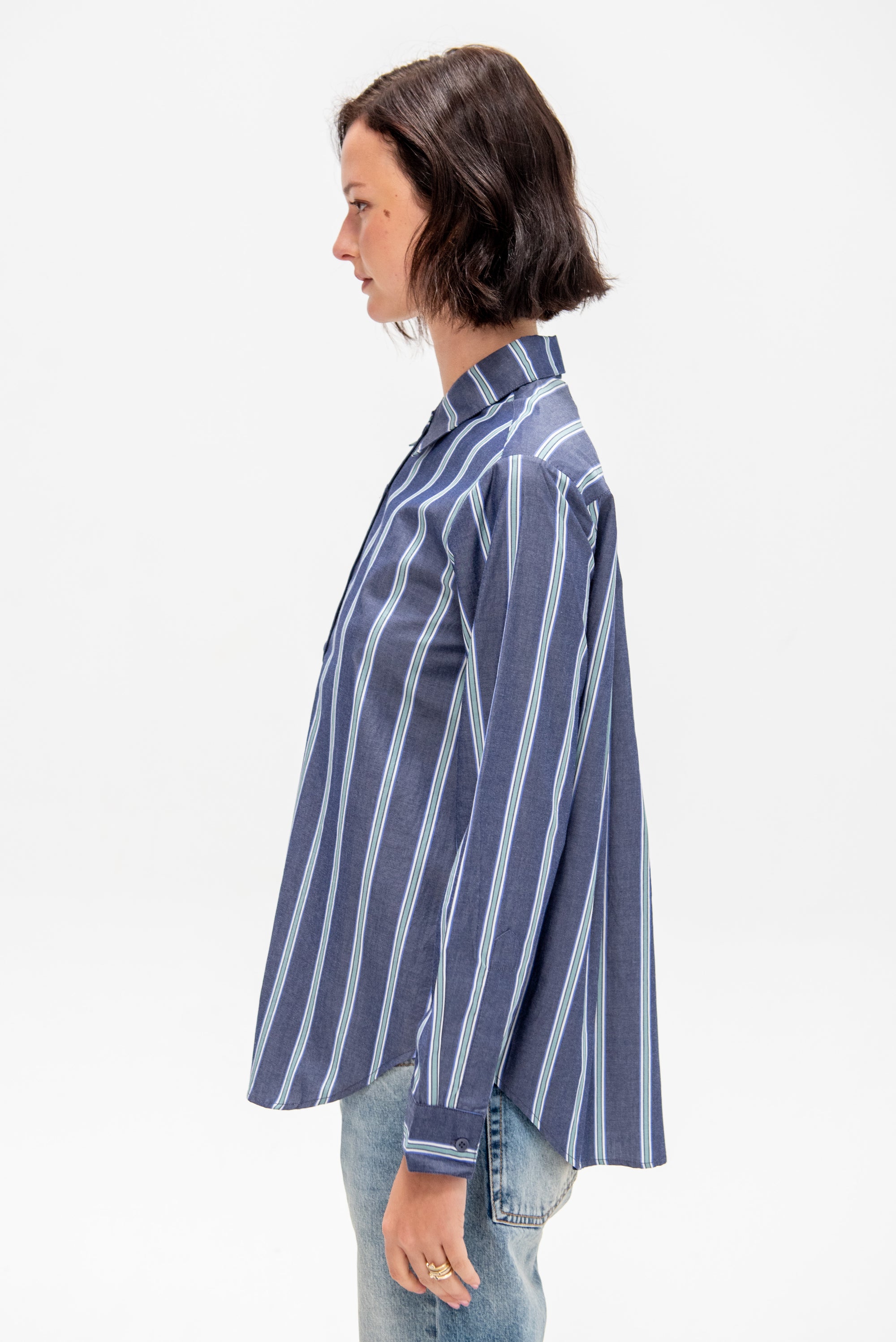 Sodi Wrap Button Top, Indigo Stripe