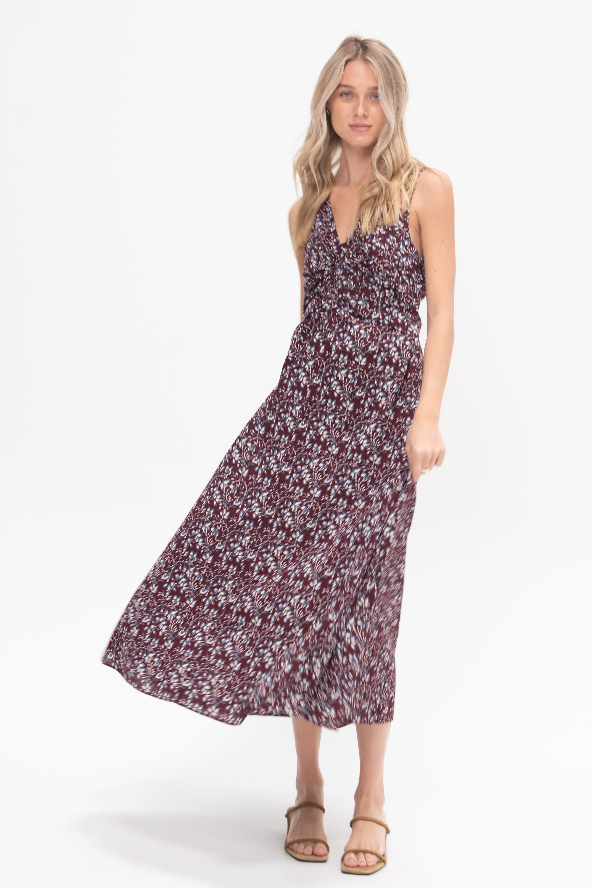 APIECE APART - Fatima Ruched Tank Dress, Mira Floral Wine Tasting