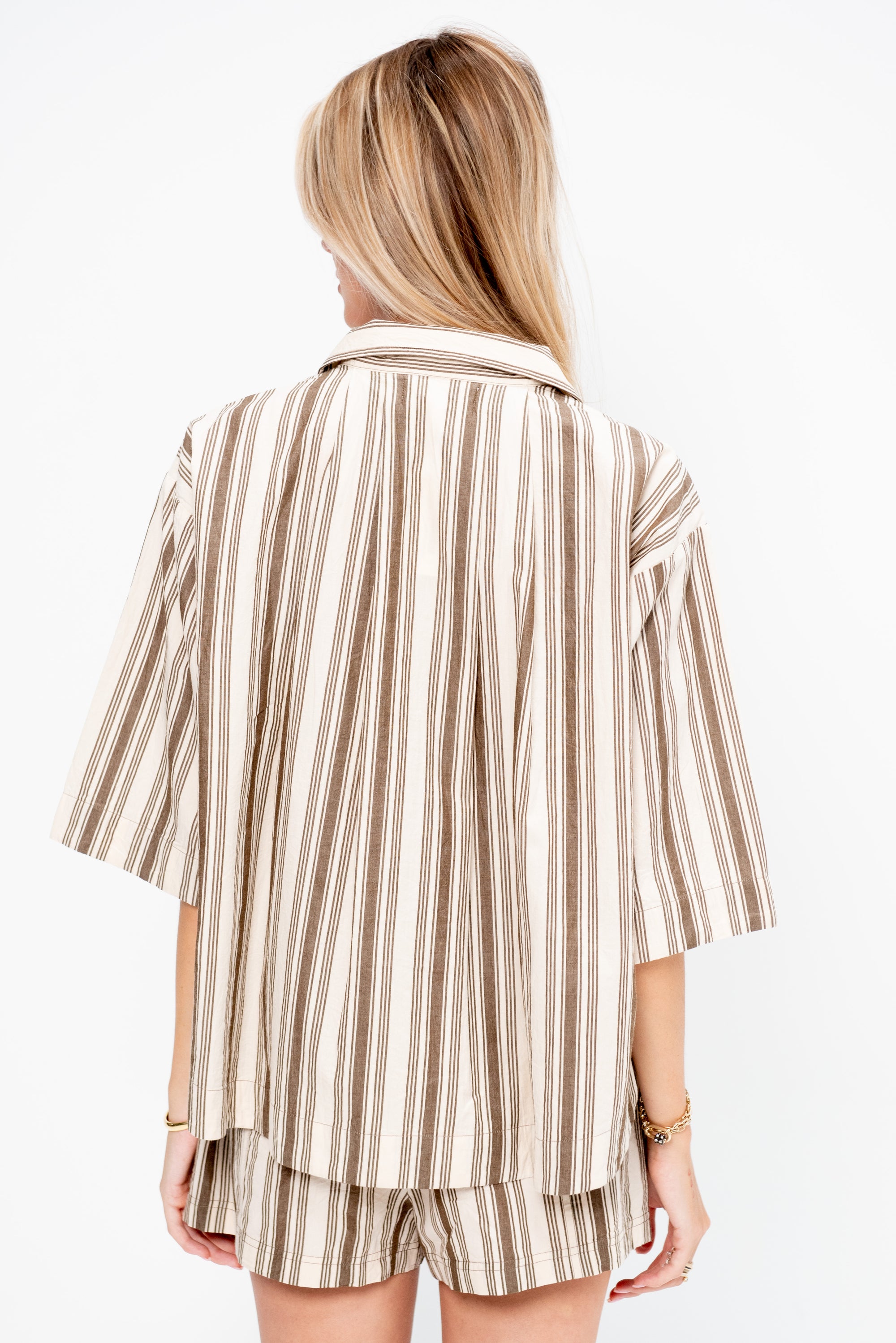Terrasini Button Up, Wide Stripes Coffee + Cream