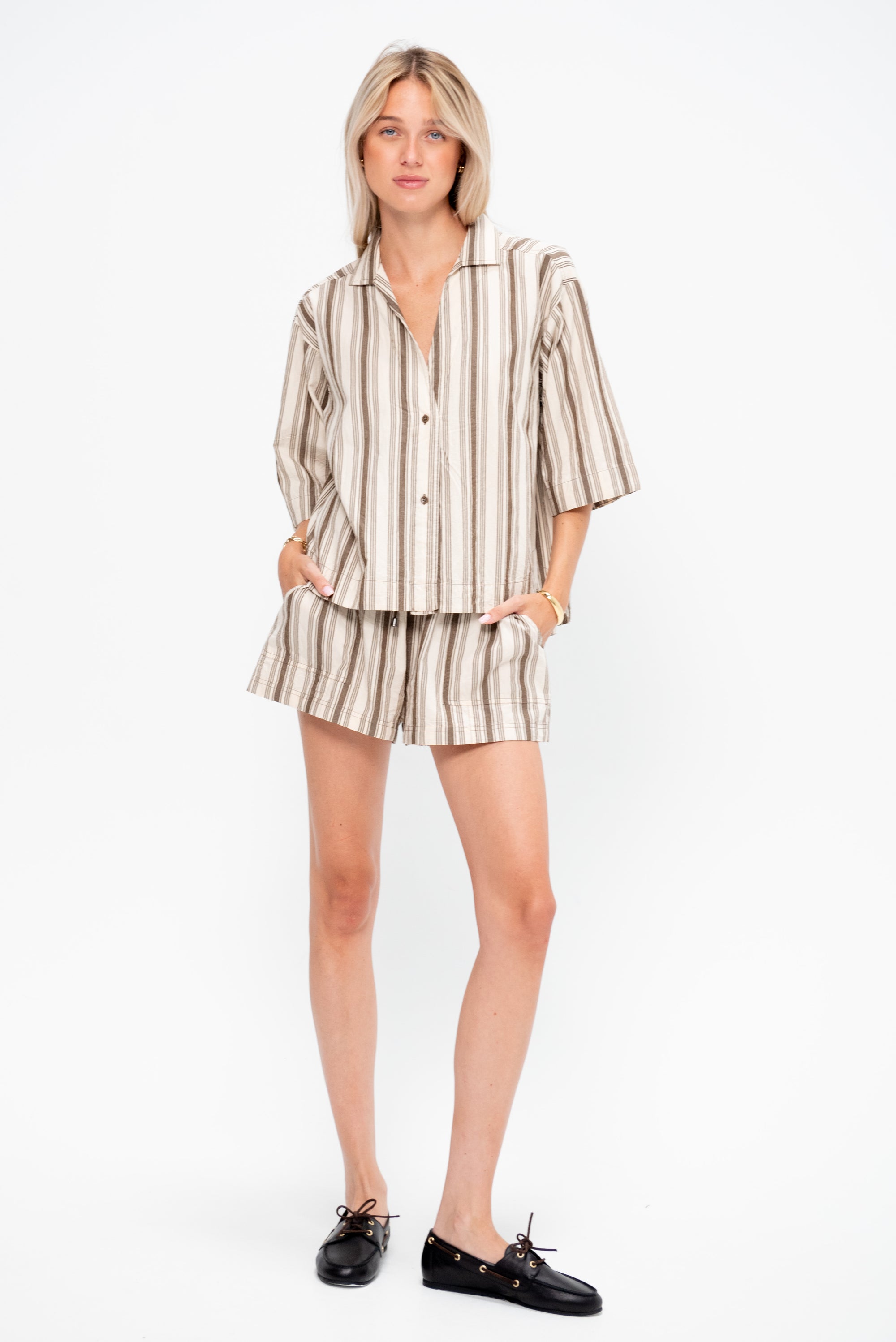 Terrasini Button Up, Wide Stripes Coffee + Cream