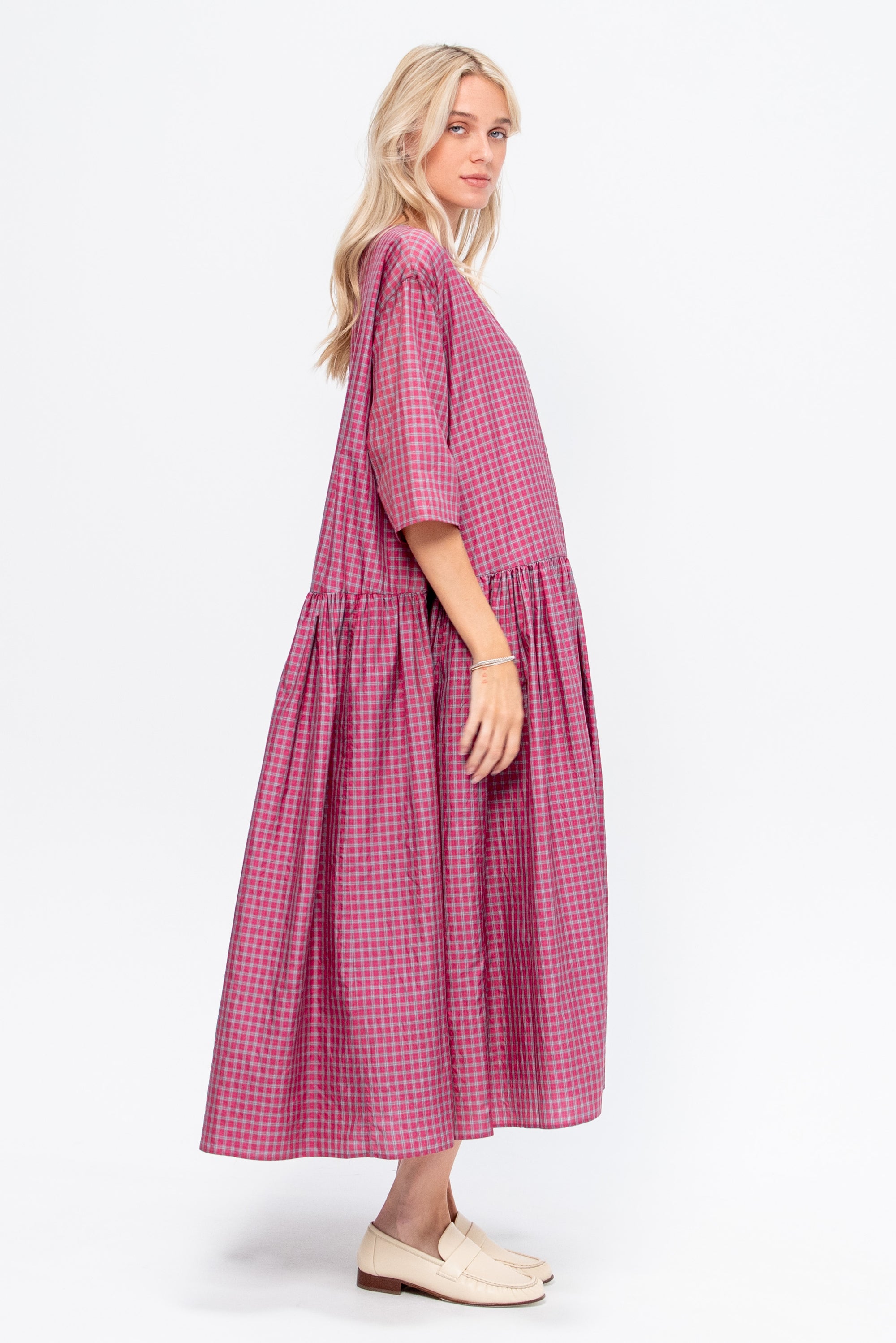 Tartan Silk Dress, Raspberry