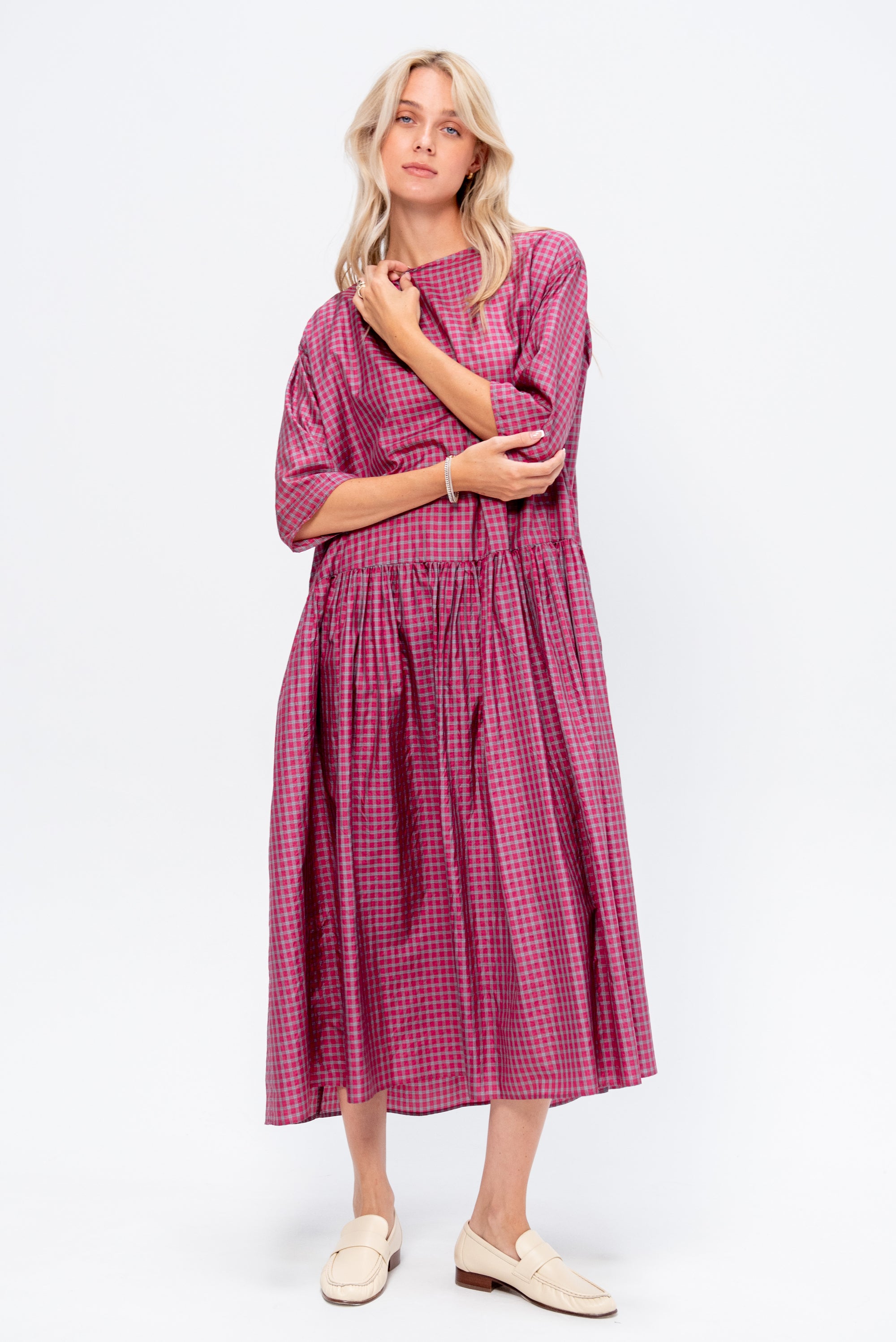Tartan Silk Dress, Raspberry