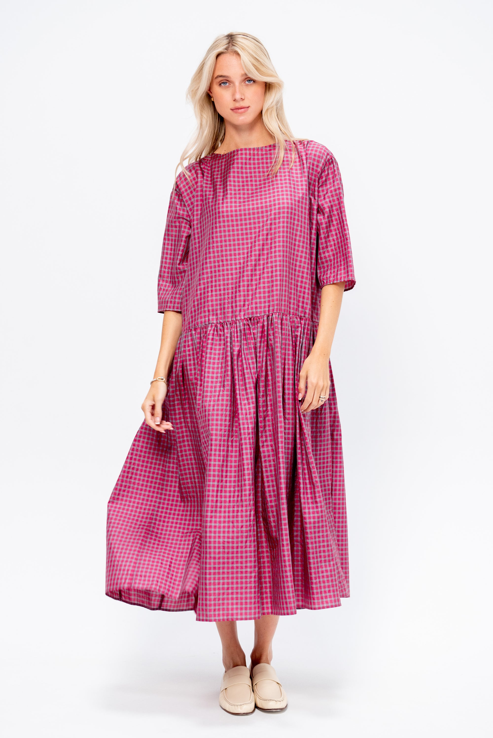 Tartan Silk Dress, Raspberry