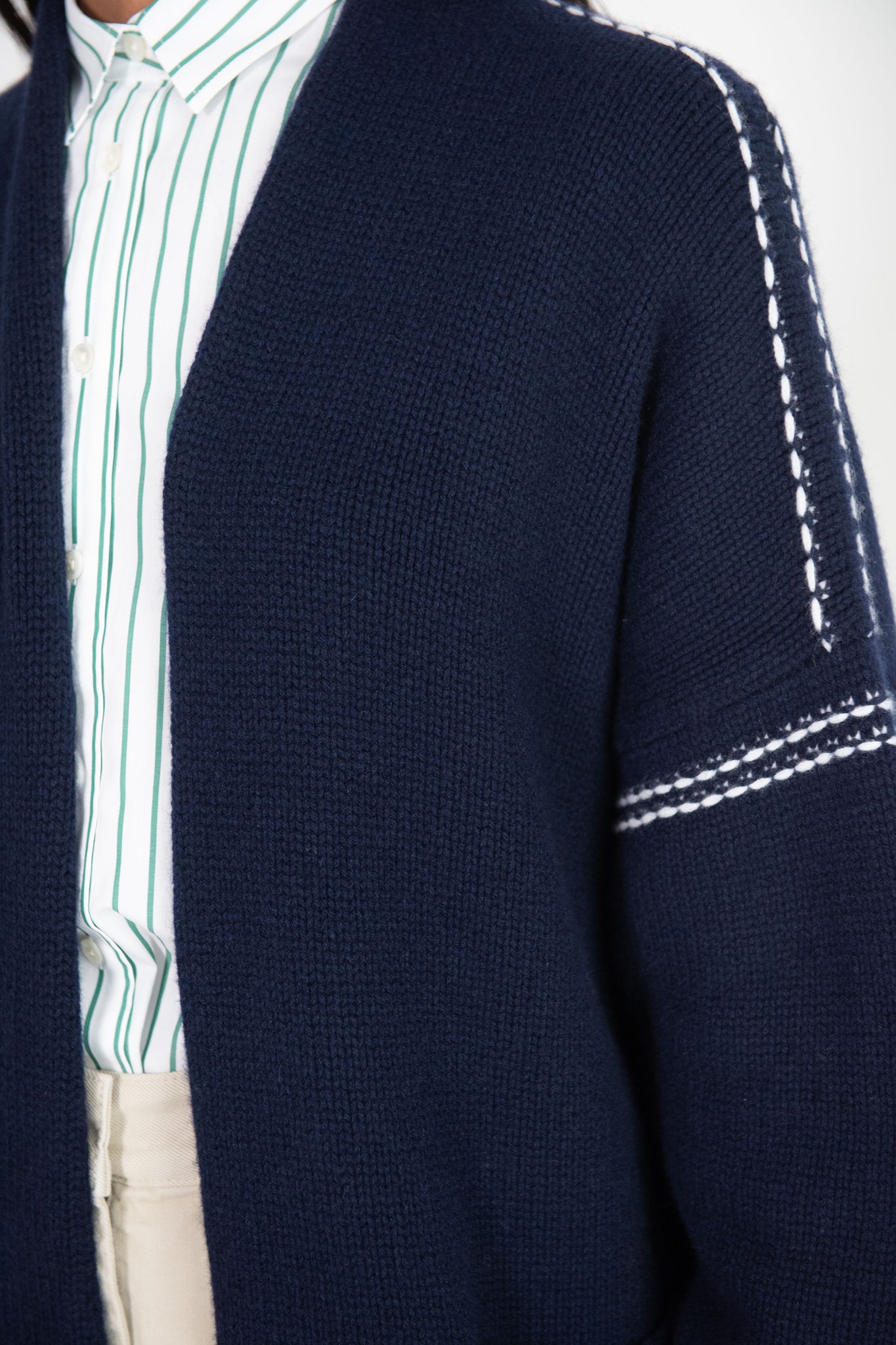 BEGG X CO - Beach Comber Cardigan, Navy and Frost Stripe