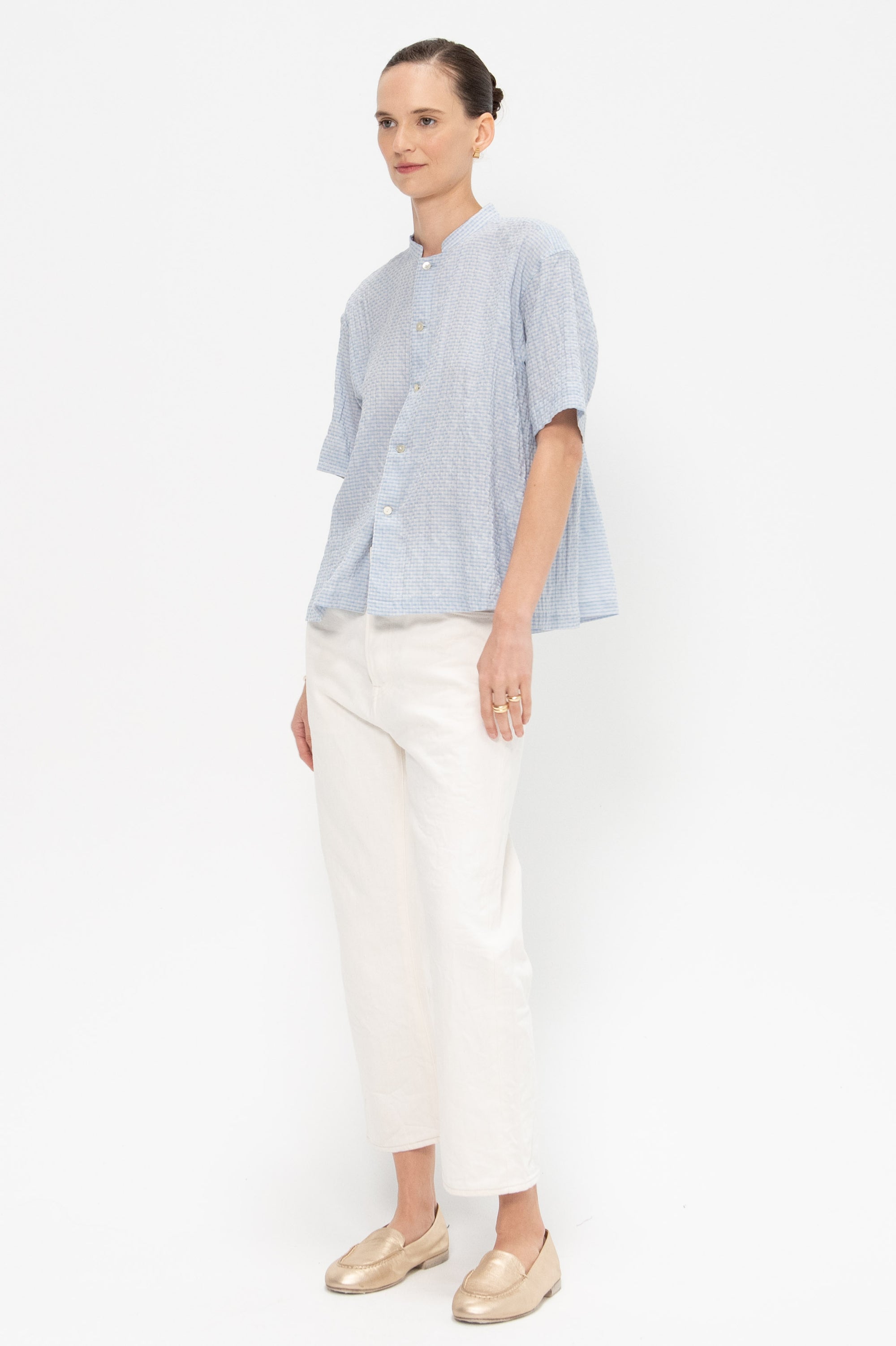 Stand Collar Plaid Blouse, Blue