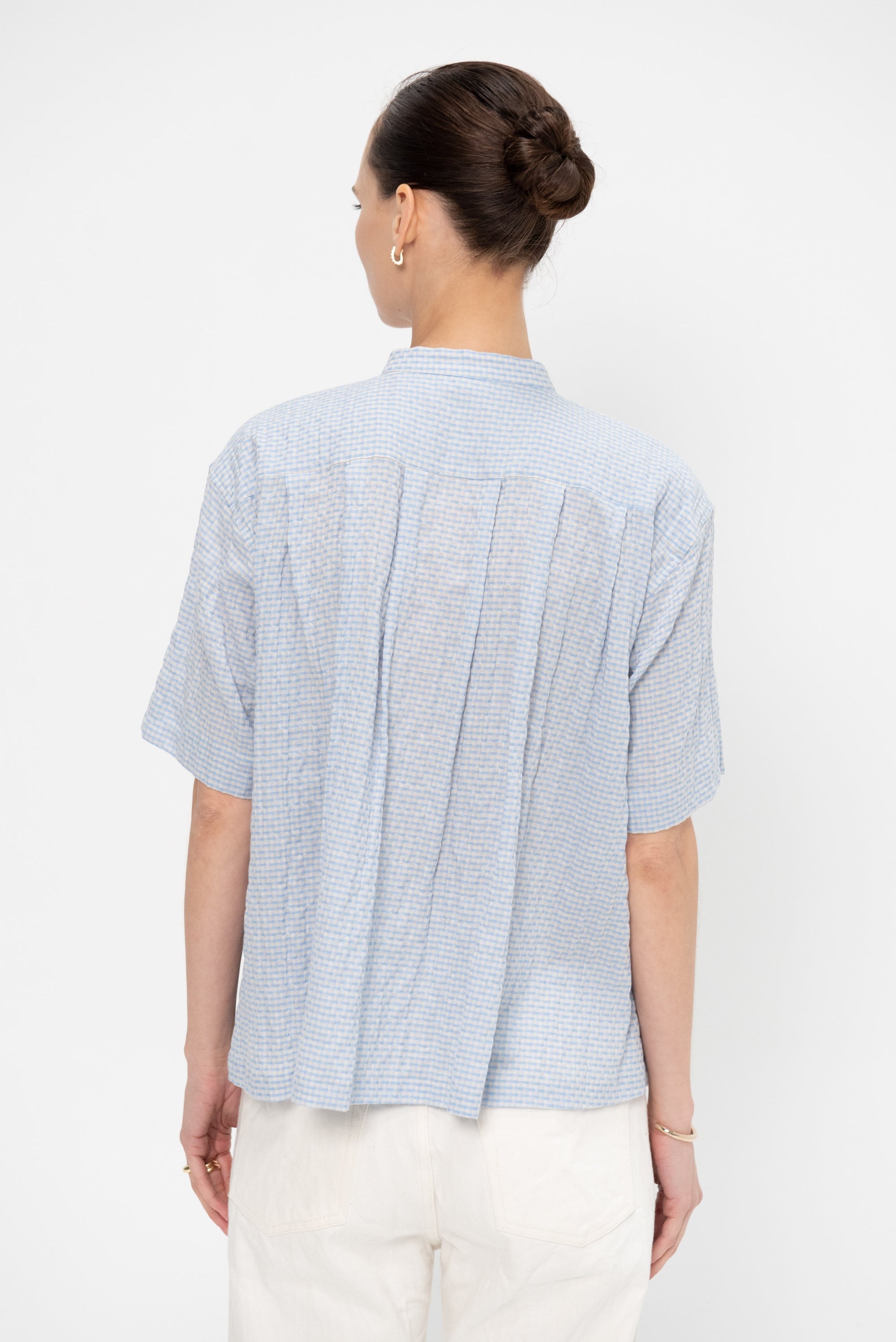 Stand Collar Plaid Blouse, Blue