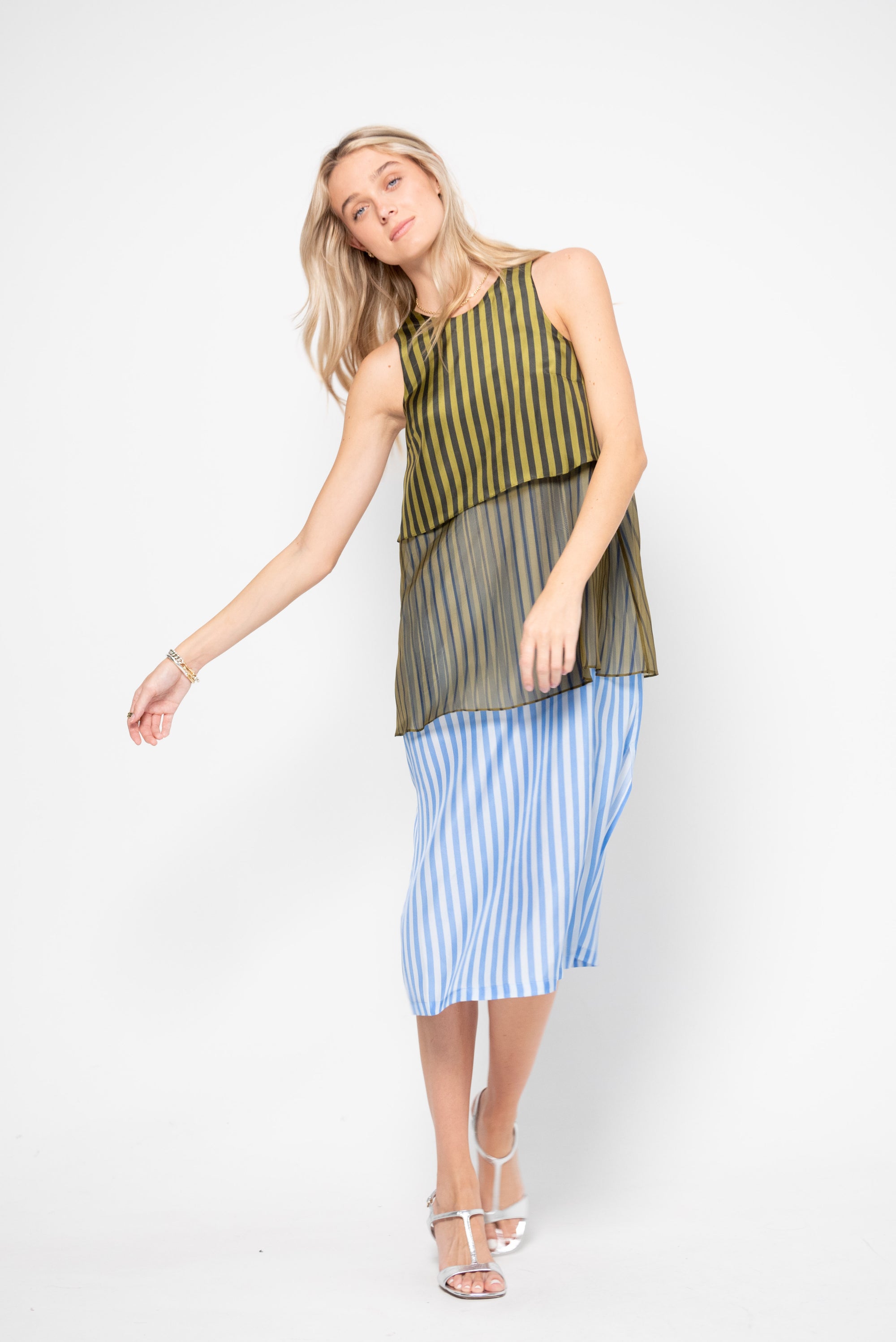 Danai Dress, Khaki Black &amp; Blue Stripes