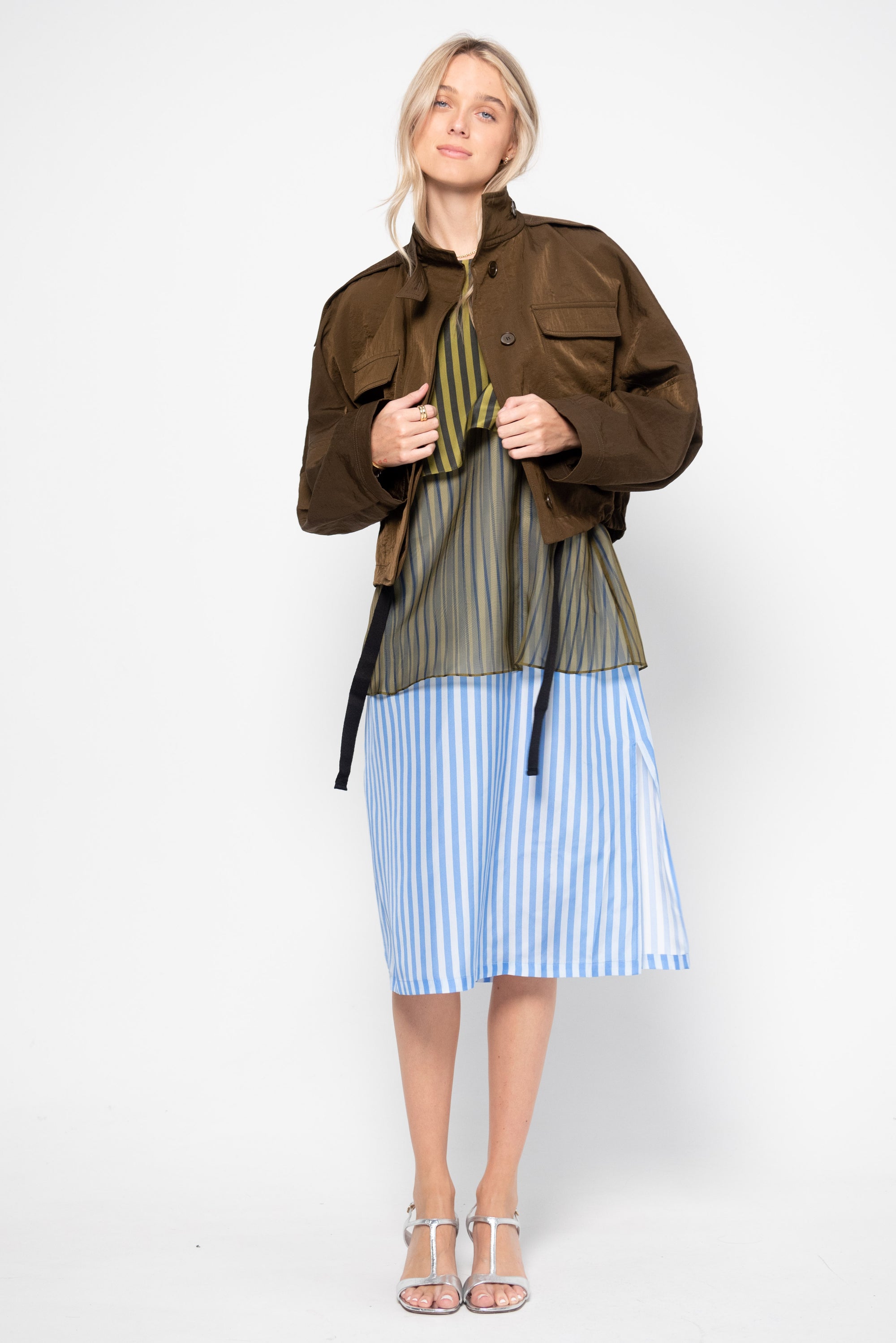 Danai Dress, Khaki Black &amp; Blue Stripes