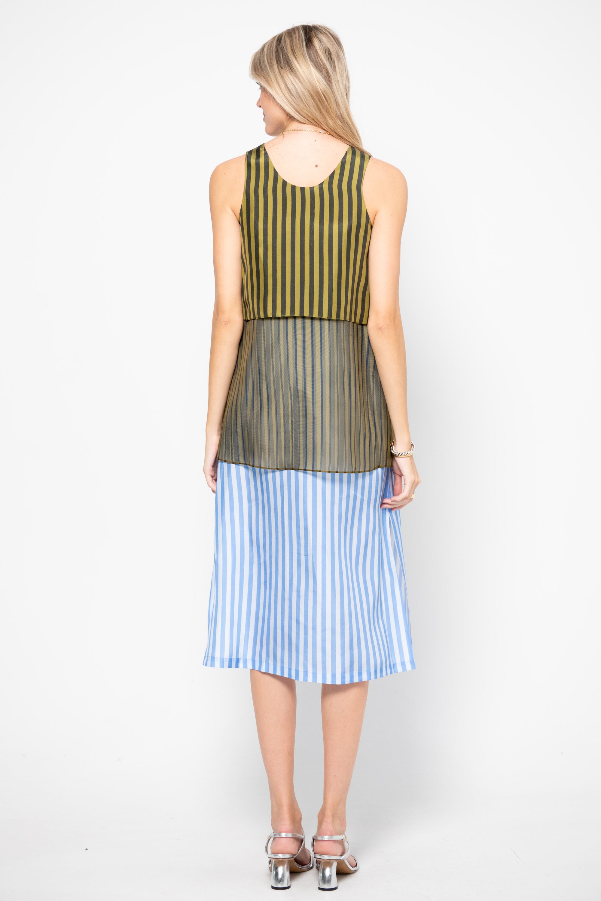 Danai Dress, Khaki Black &amp; Blue Stripes