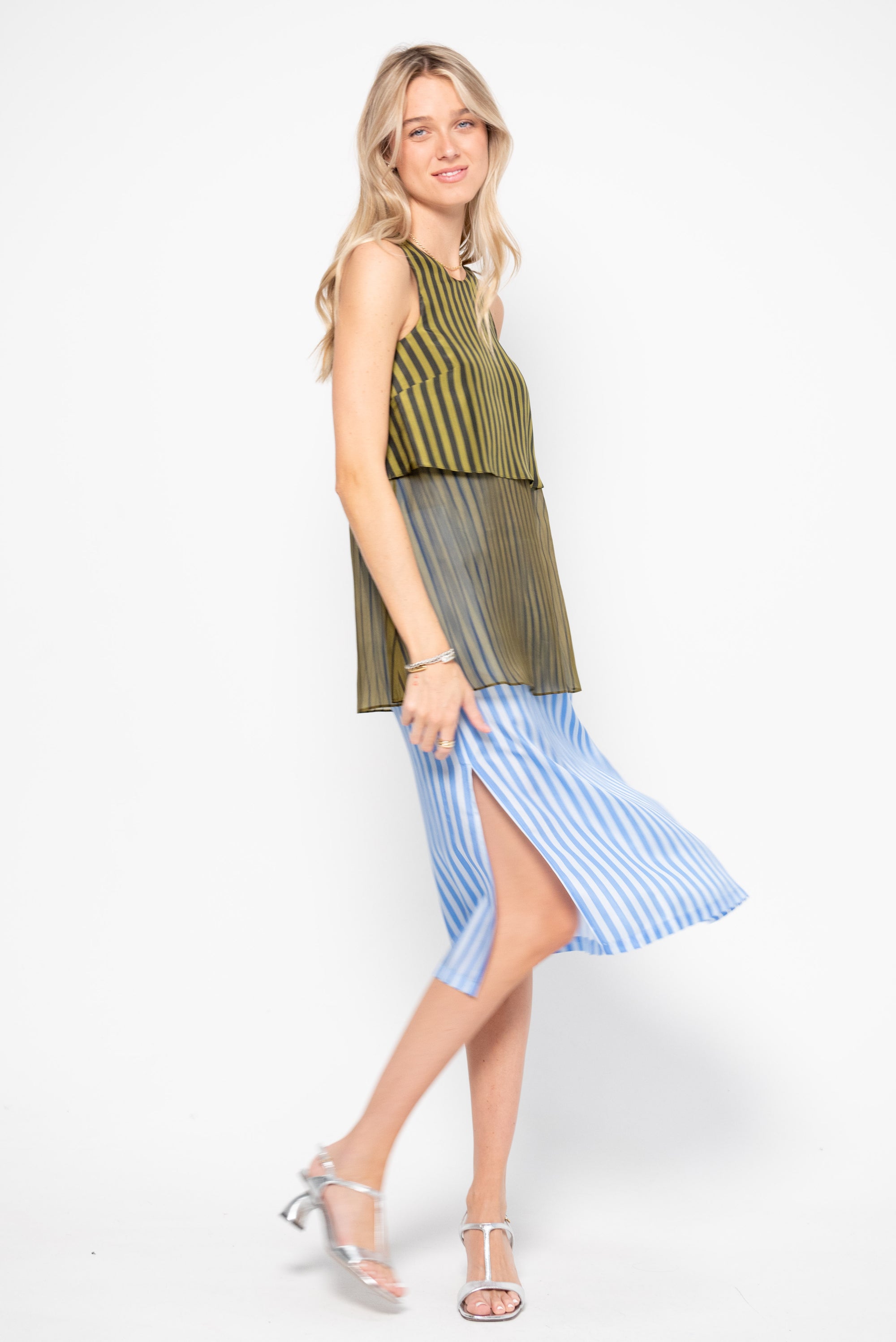 Danai Dress, Khaki Black &amp; Blue Stripes