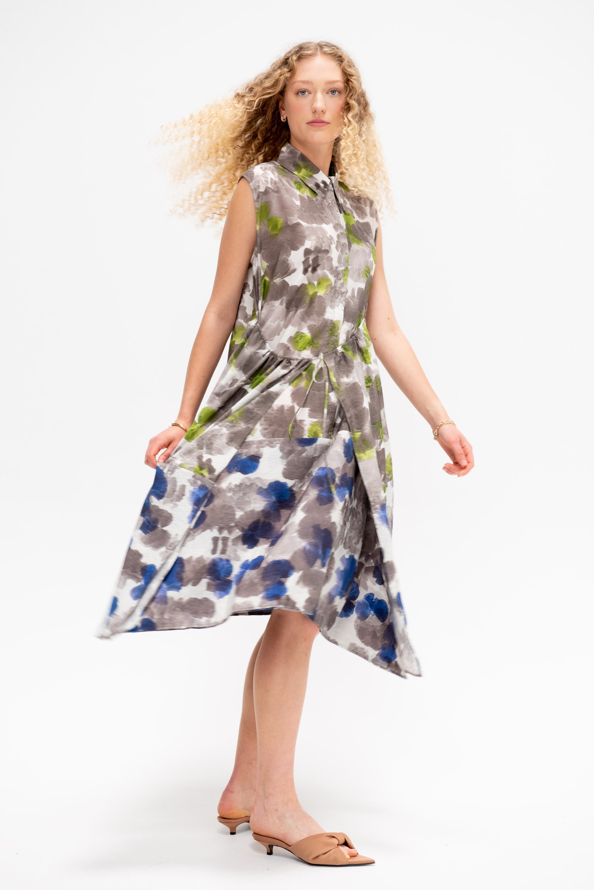 Debo - Sleeveless Dress,  Yellow Blue Brown Hibiscus
