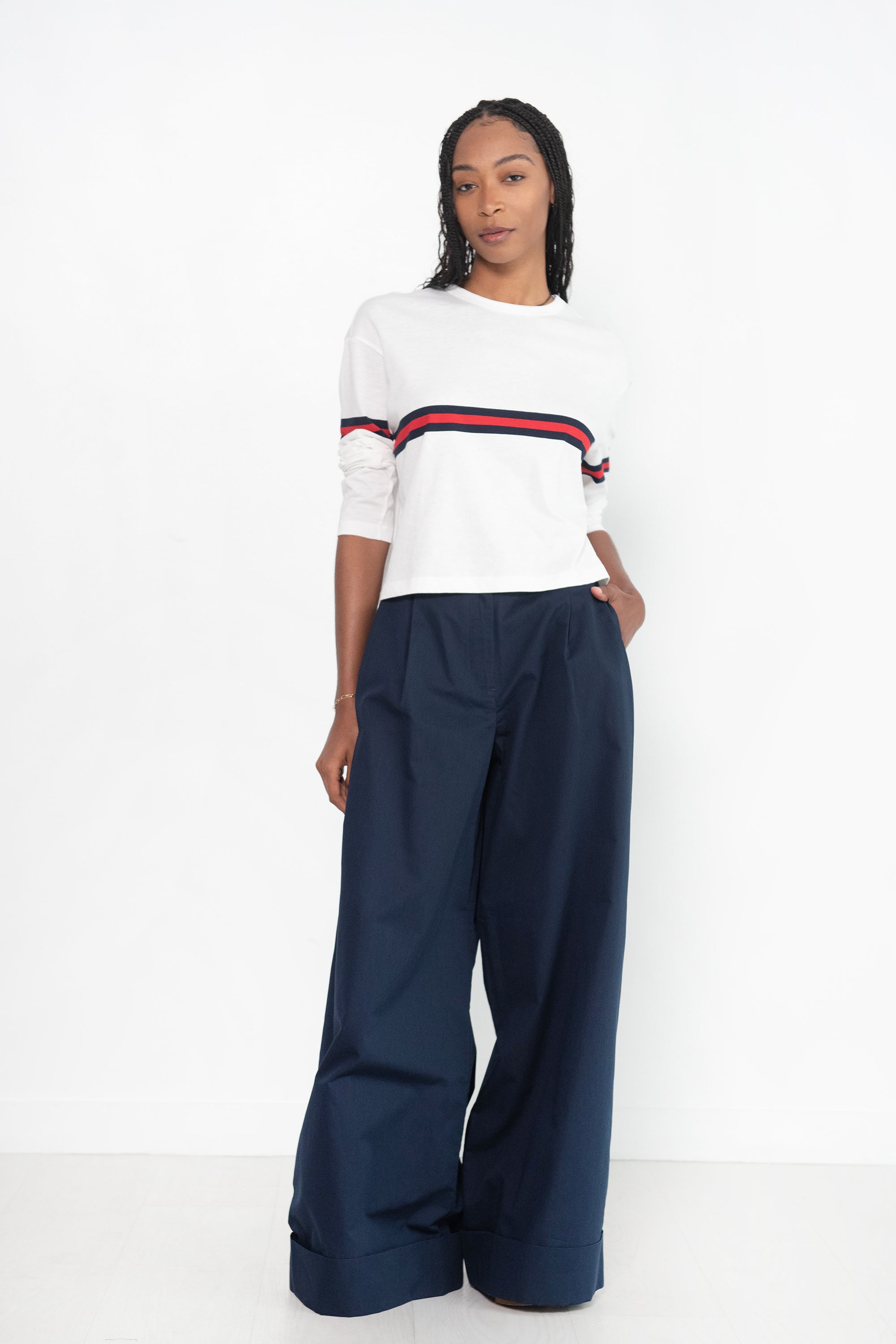 Plain Navy Exude Prowess Striped Wide Leg Trousers Formal Wear Women