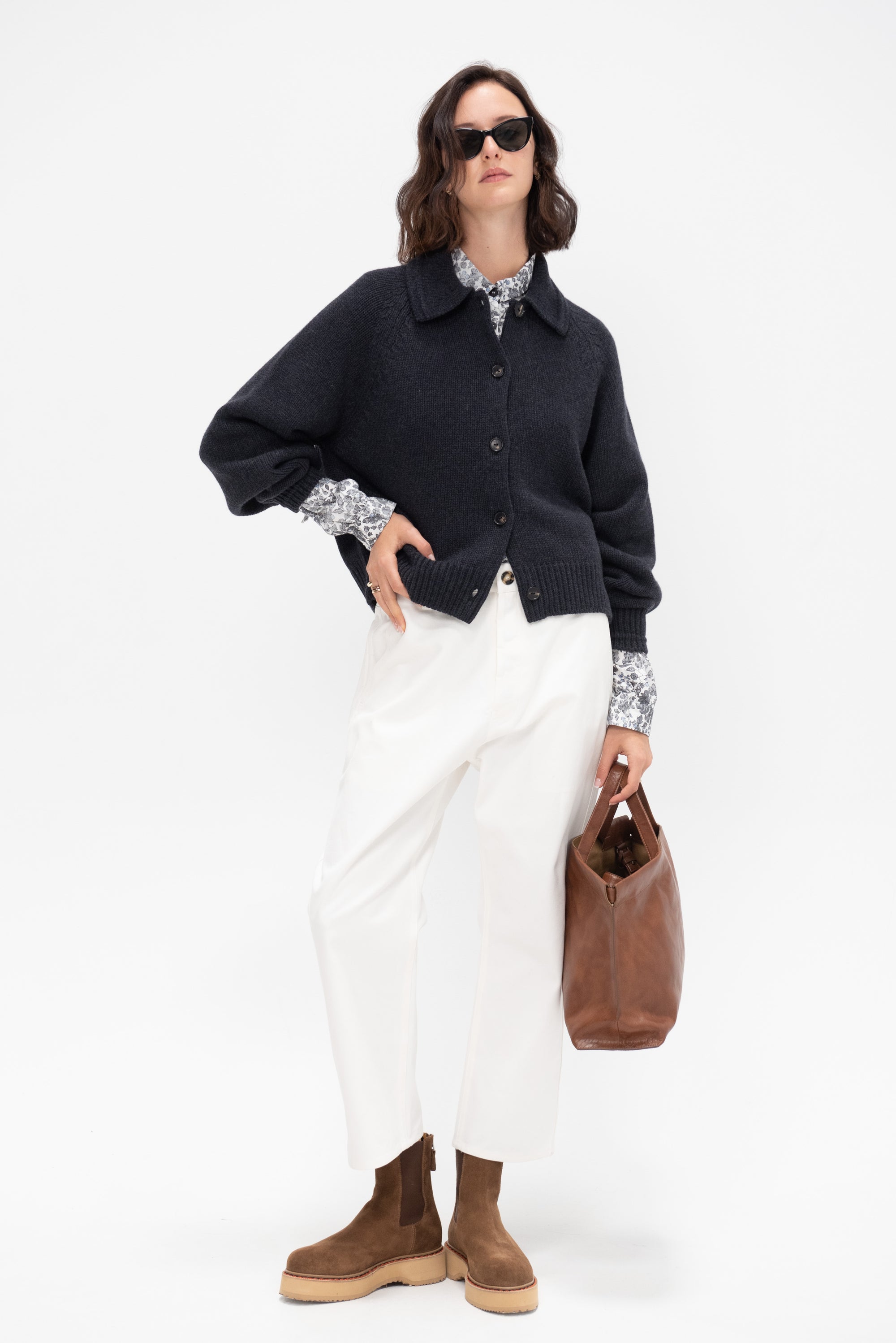 Merino Wool Collar Cardigan, Anthracite